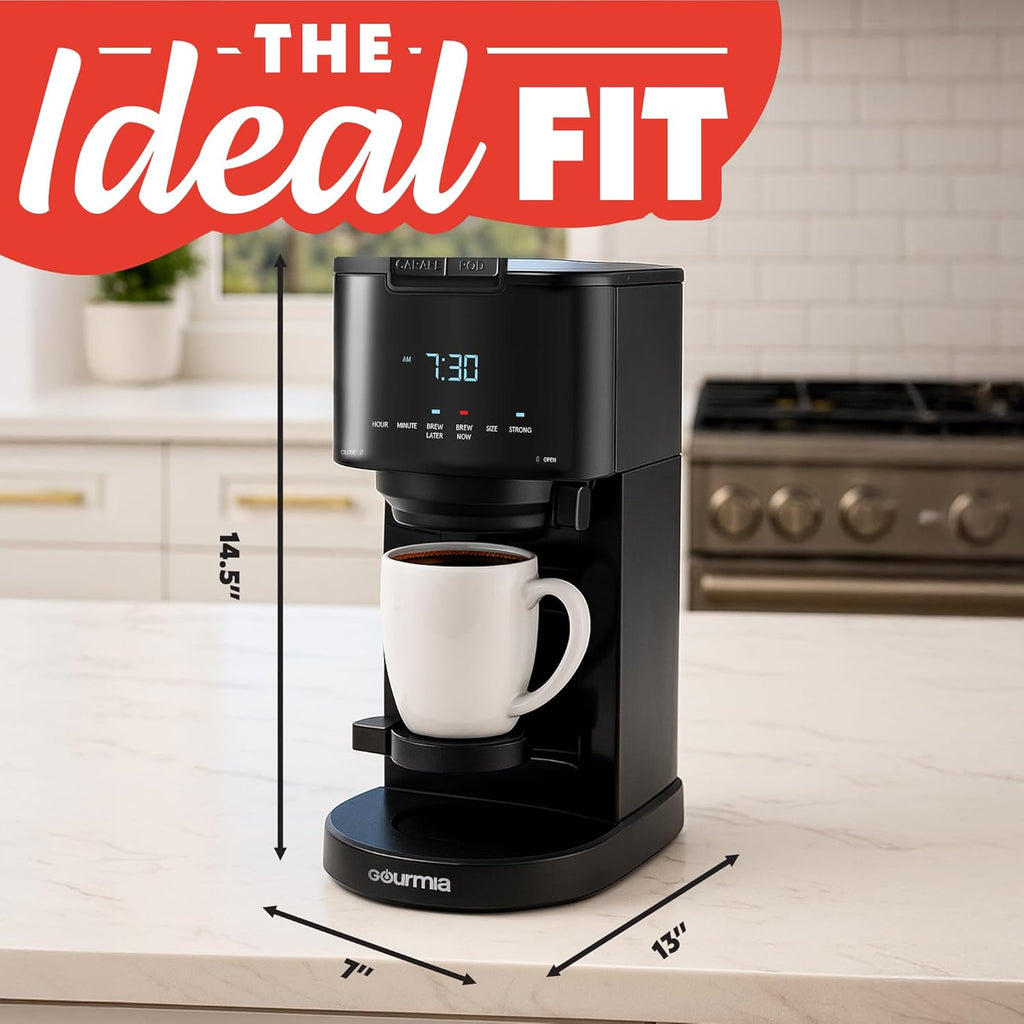 Gourmia 2-in-1 Single Serve and 12 Cup Coffee Maker - Drip Brew, K-Cup Compatible, Programmable, Pause and Serve, Removable Filter, Thermal Carafe, Black