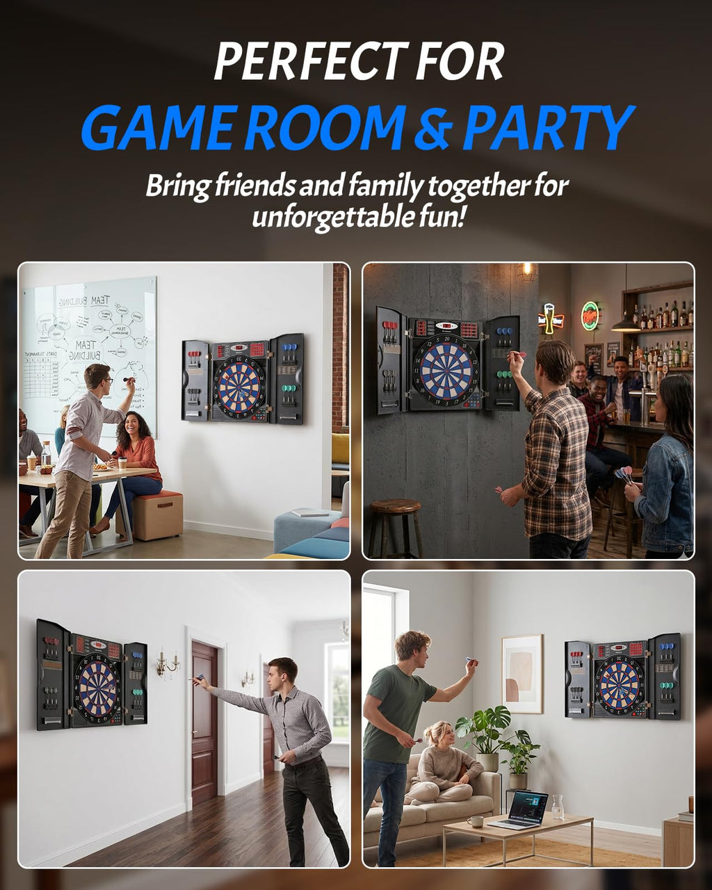 WIN.MAX Electronic Dart Board, Soft Tip Dartboard Cabinet Set for Adults, LED Scoring Dartboard with 38 Games & 211 Variants, Up to 16 Players, 12 Darts+40 Tips, Wall Mount for Bar Game Room Man Cave