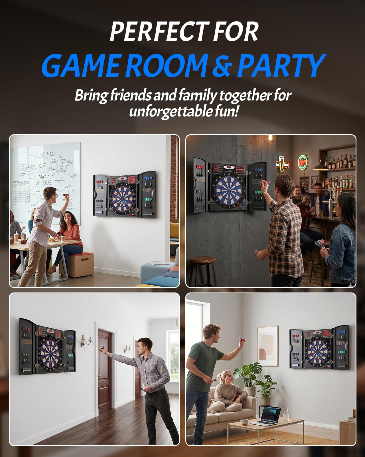 WIN.MAX Electronic Dart Board, Soft Tip Dartboard Cabinet Set for Adults, LED Scoring Dartboard with 38 Games & 211 Variants, Up to 16 Players, 12 Darts+40 Tips, Wall Mount for Bar Game Room Man Cave