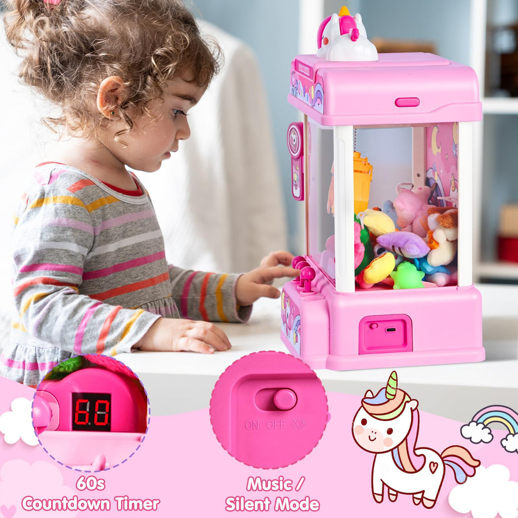 CWLAKON Claw Machine for Kids, Mini Vending Machine Unicorns Toys with Sound for Girls Age 3+, Candy Grabber Prize Dispenser Machine Arcade Games with Mini Plush Toys, Christmas Birthday Gifts