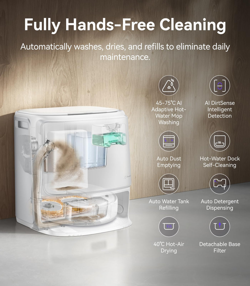 NARWAL Freo Z10 Turbo Robot Vacuum and Mop Combo, 25000Pa Suction, Edge-to-Edge Cleaning, Tangle-Free for Pet Hair, Auto Mop Wash, Smart Avoidance, Self-Emptying, for Carpet & Hard Floors, White
