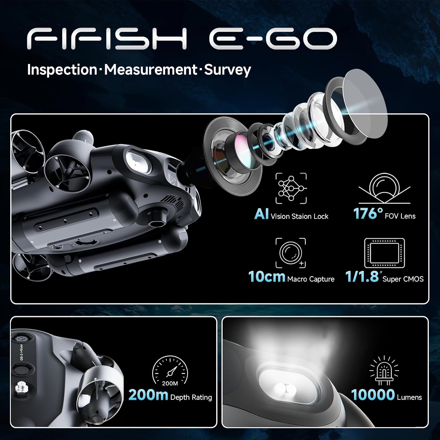 QYSEA FIFISH E-GO E200A Underwater Drone with Robotic Arm, 24/7 Continuous Operation with Energy Station, 10,000 Lumens Light, 1/1.8" CMOS 4K Camera, Extended Battery Pack, 128G Storage