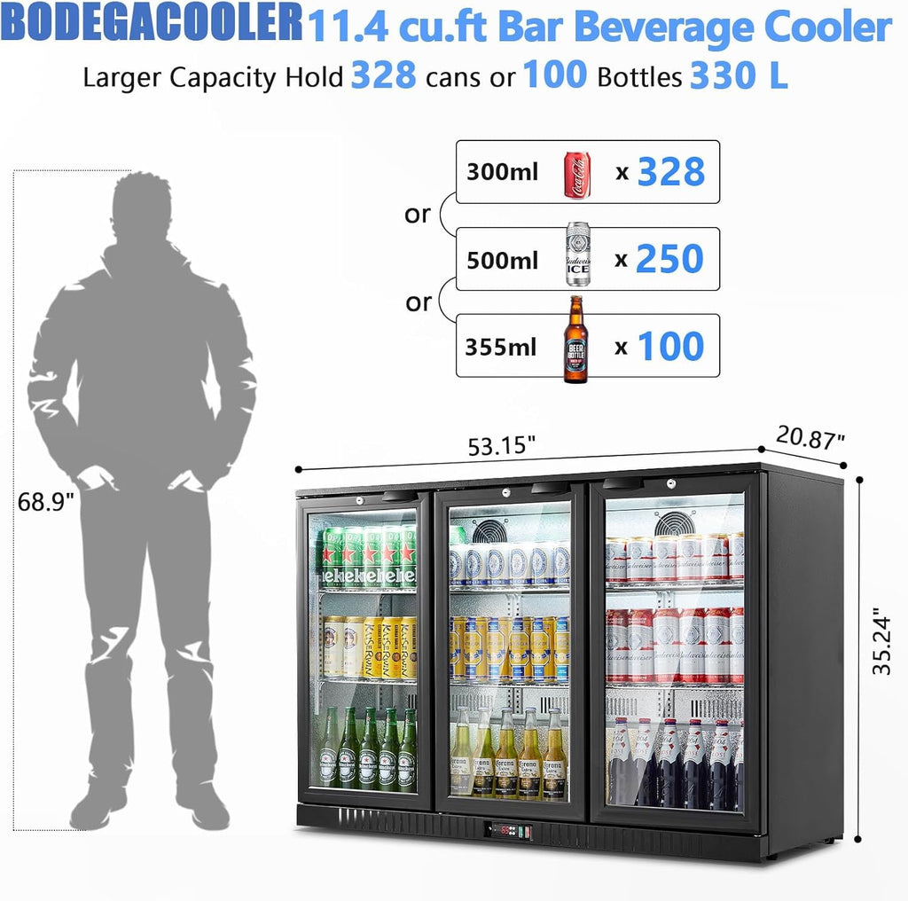 BODEGACOOLER Commercial Beverage Refrigerator with Glass Door,12.5 Cu.Ft Display Merchandiser Drink Refrigerator,Upright Commercial Bar Fridge,Display Drink Cooler,Soft LED Light,Romovable Shelves