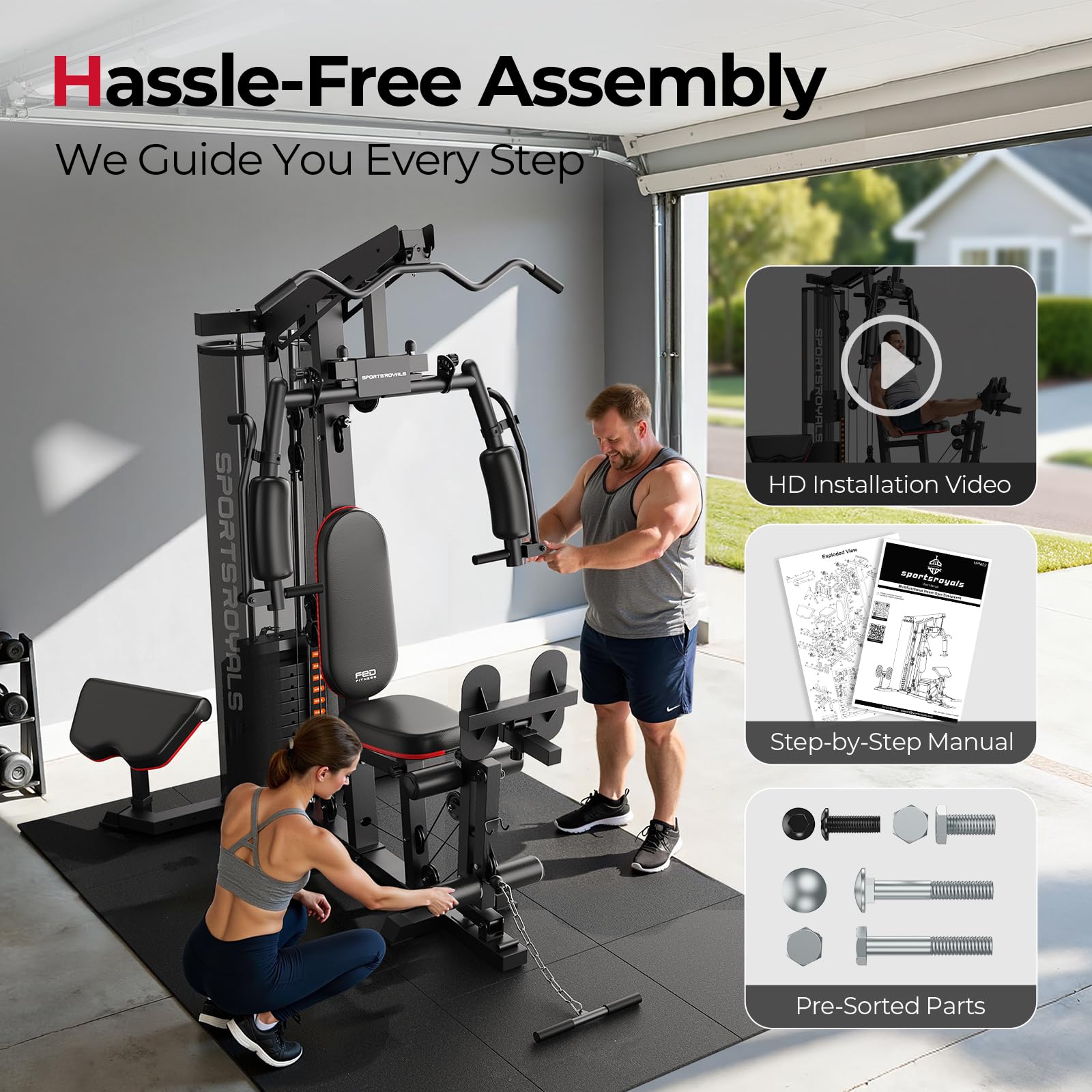 Sportsroyals Home Gym, Multifunctional Workout Station with Leg Press, 150LBS Weight Stack Full Body Workout Equipment for Home Exercise Fitness Strength Training