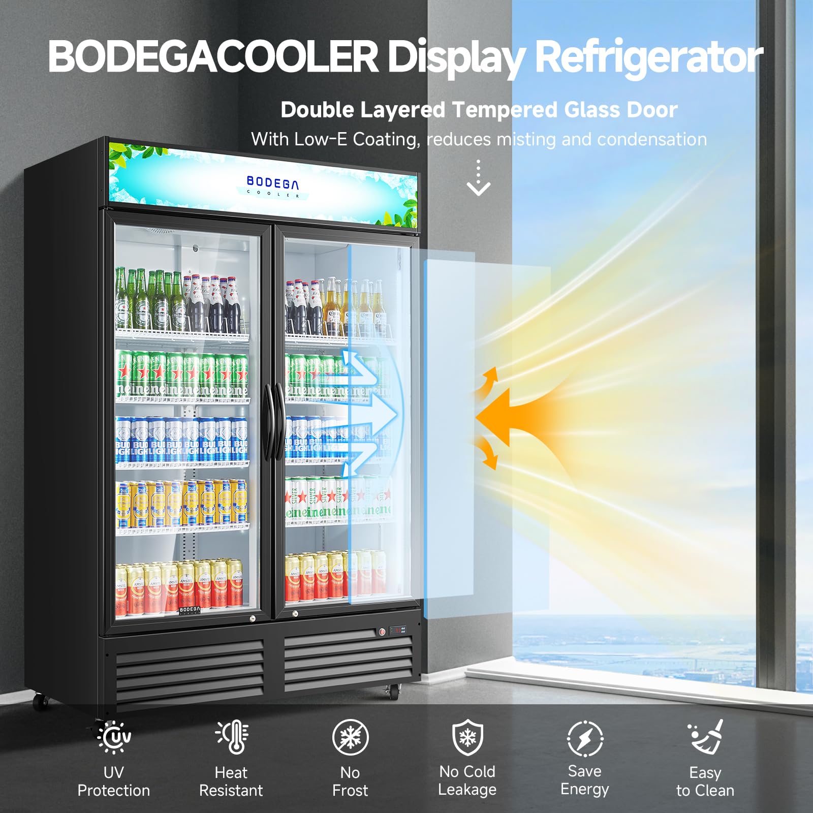 BODEGACOOLER Commercial Merchandiser Refrigerator, 27.02 Cu.Ft Double Glass Door Beverage Cooler, Upright Display Refrigerator with Soft LED Light, Adjustable Shelves, 4 Heavy-Duty Casters, Black