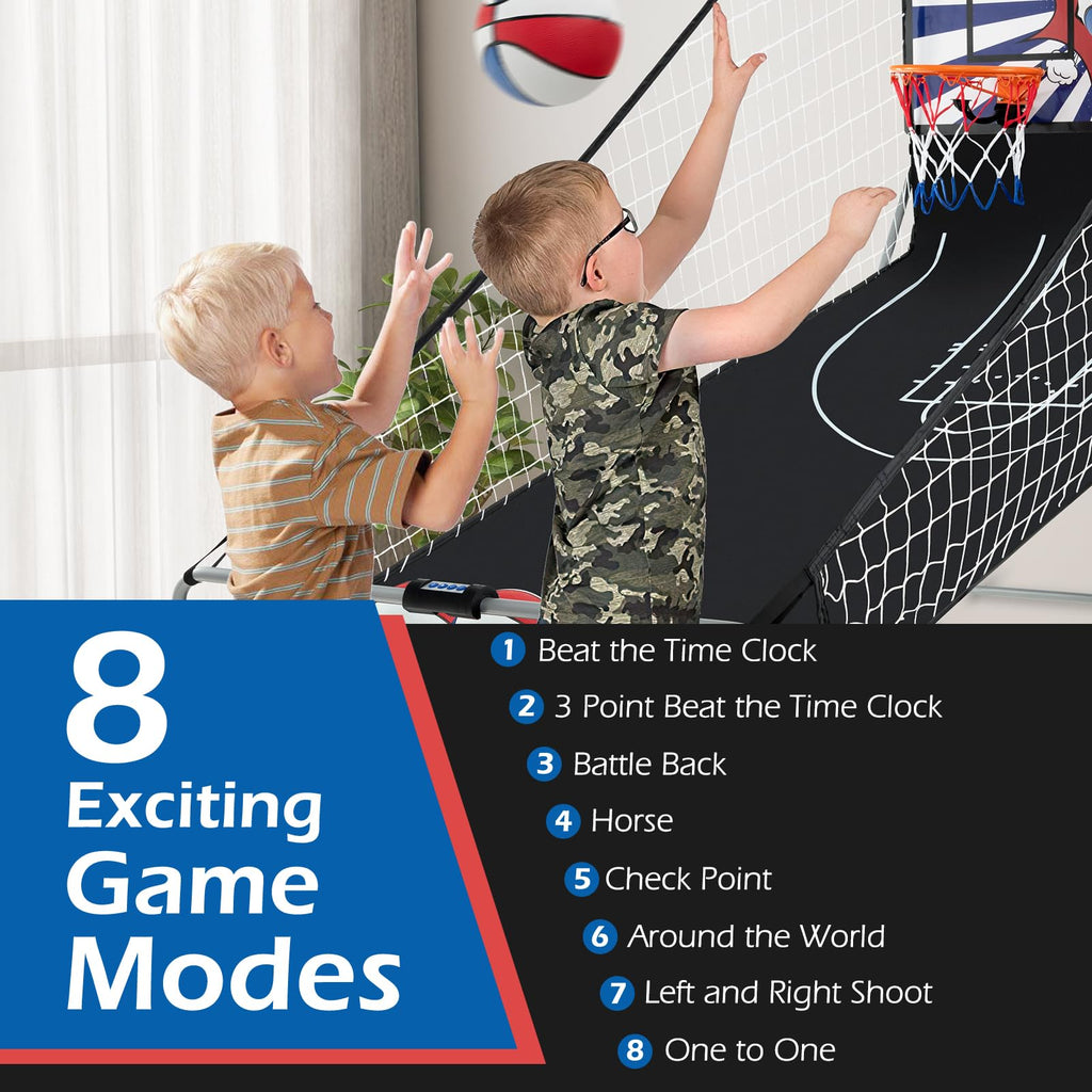 GYMAX Arcade Basketball Game Indoor Foldable with 8 Game Modes, Arcade Sound, 4 Balls and Inflation Pump, Electronic Basketball Games for Home