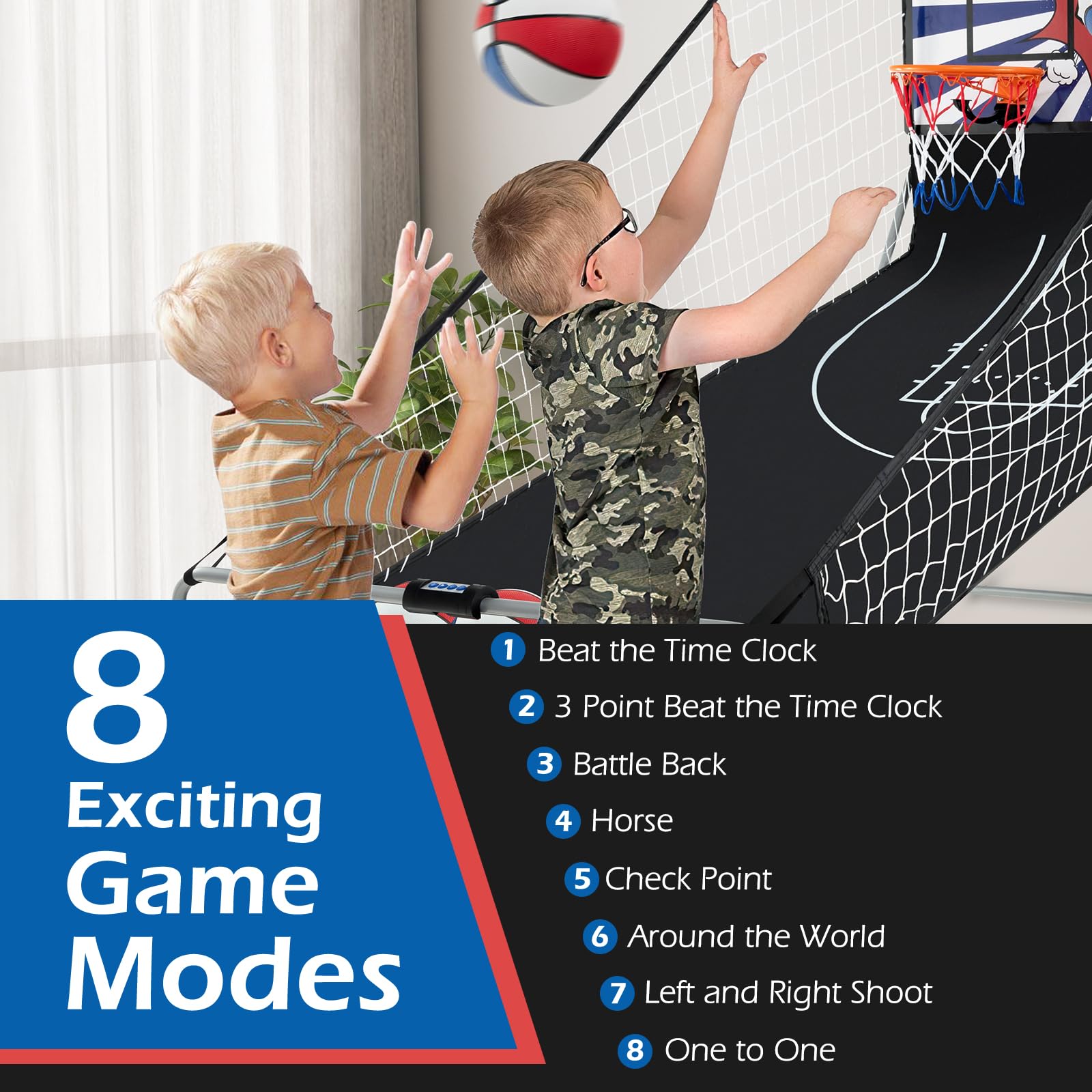 GYMAX Arcade Basketball Game Indoor Foldable with 8 Game Modes, Arcade Sound, 4 Balls and Inflation Pump, Electronic Basketball Games for Home