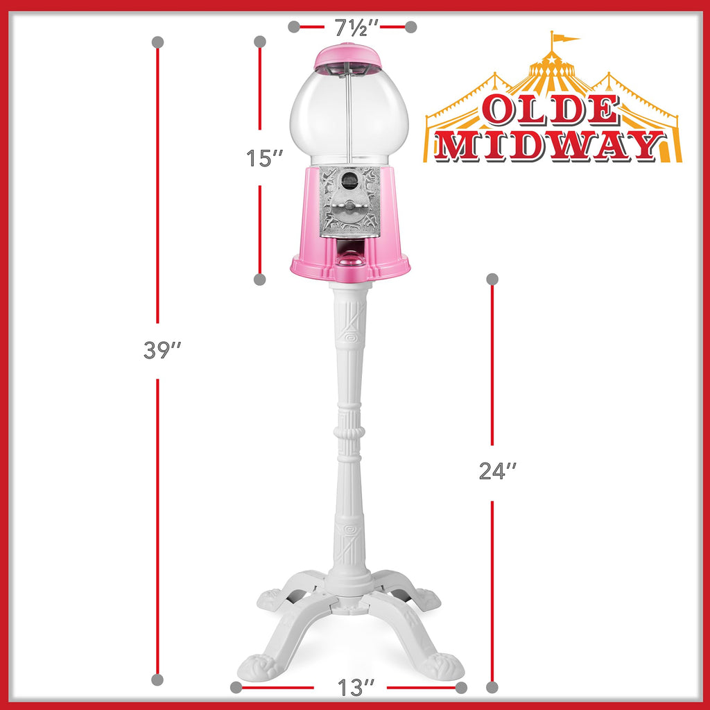 Olde Midway 15" Gumball Machine with Stand - Pink, Vintage-Style Bubble Gum Candy Dispenser with Glass Globe and Metal Base