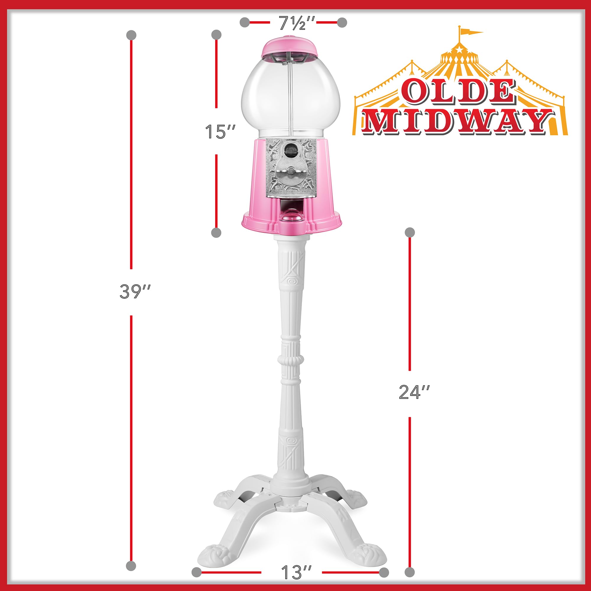 Olde Midway 15" Gumball Machine with Stand - Pink, Vintage-Style Bubble Gum Candy Dispenser with Glass Globe and Metal Base
