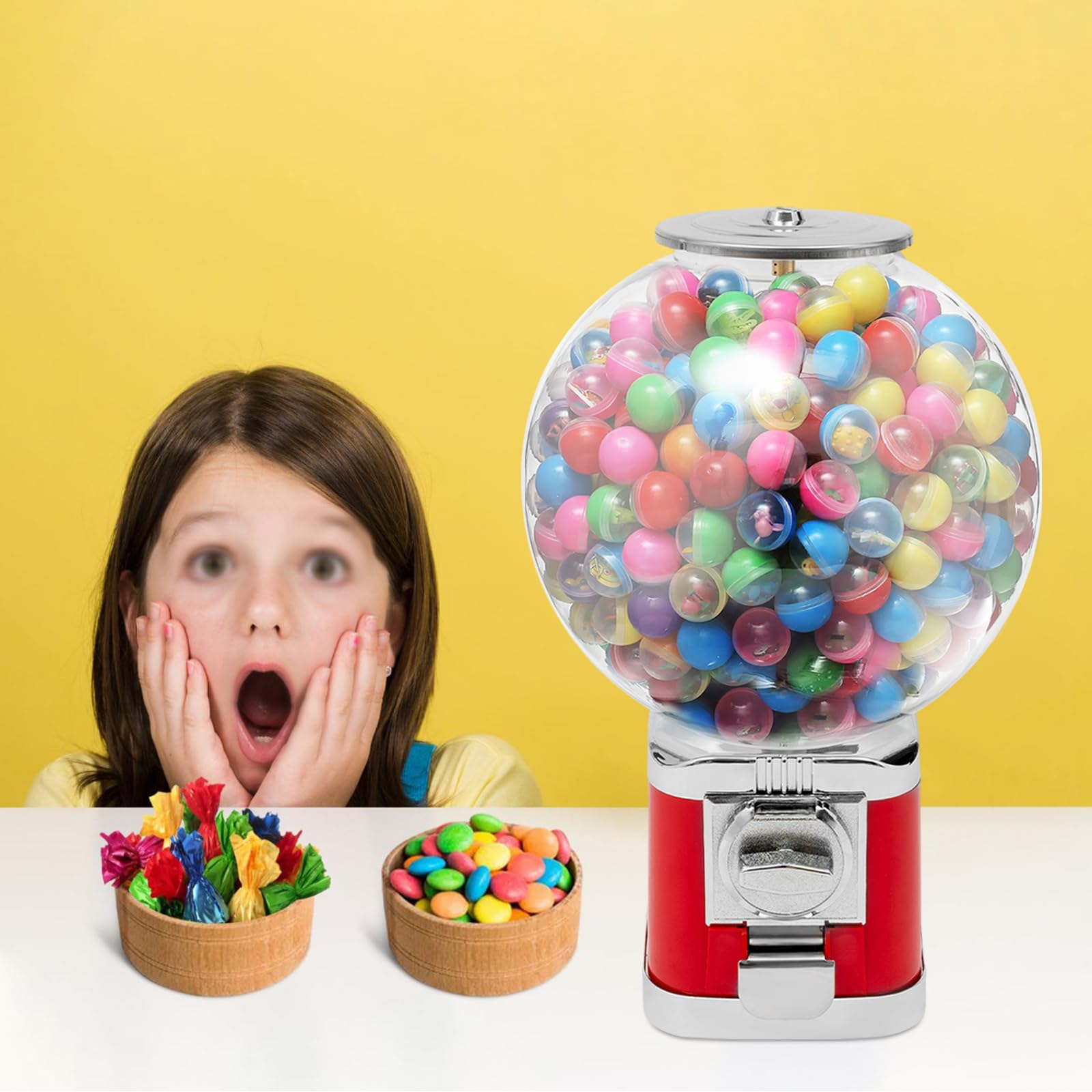 Vending Machine, Big Capsule Vending Candy Gumball Machine, Large Load Capacity Gumball Bank, Gumball Dispenser Commercial Vending Machines for Game Stores Retail Stores Home (Red)