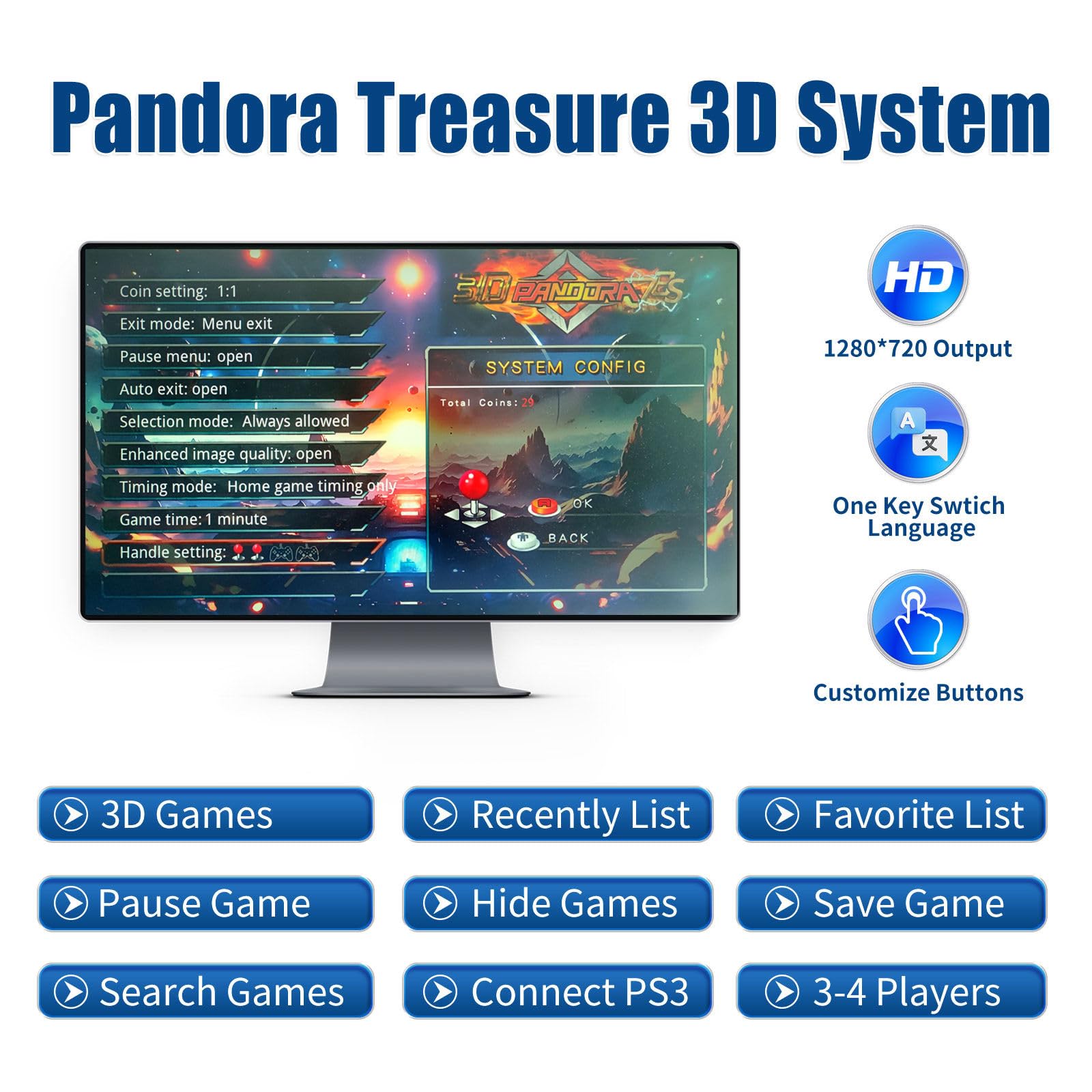 32000 Games 3D Pandora Box Arcade Game Console,Retro Video Game Machine for TV, 1280x720 HD Output,Search/Save/Hide/Pause Games,Support 4 Players,Two Splited Joysticks.