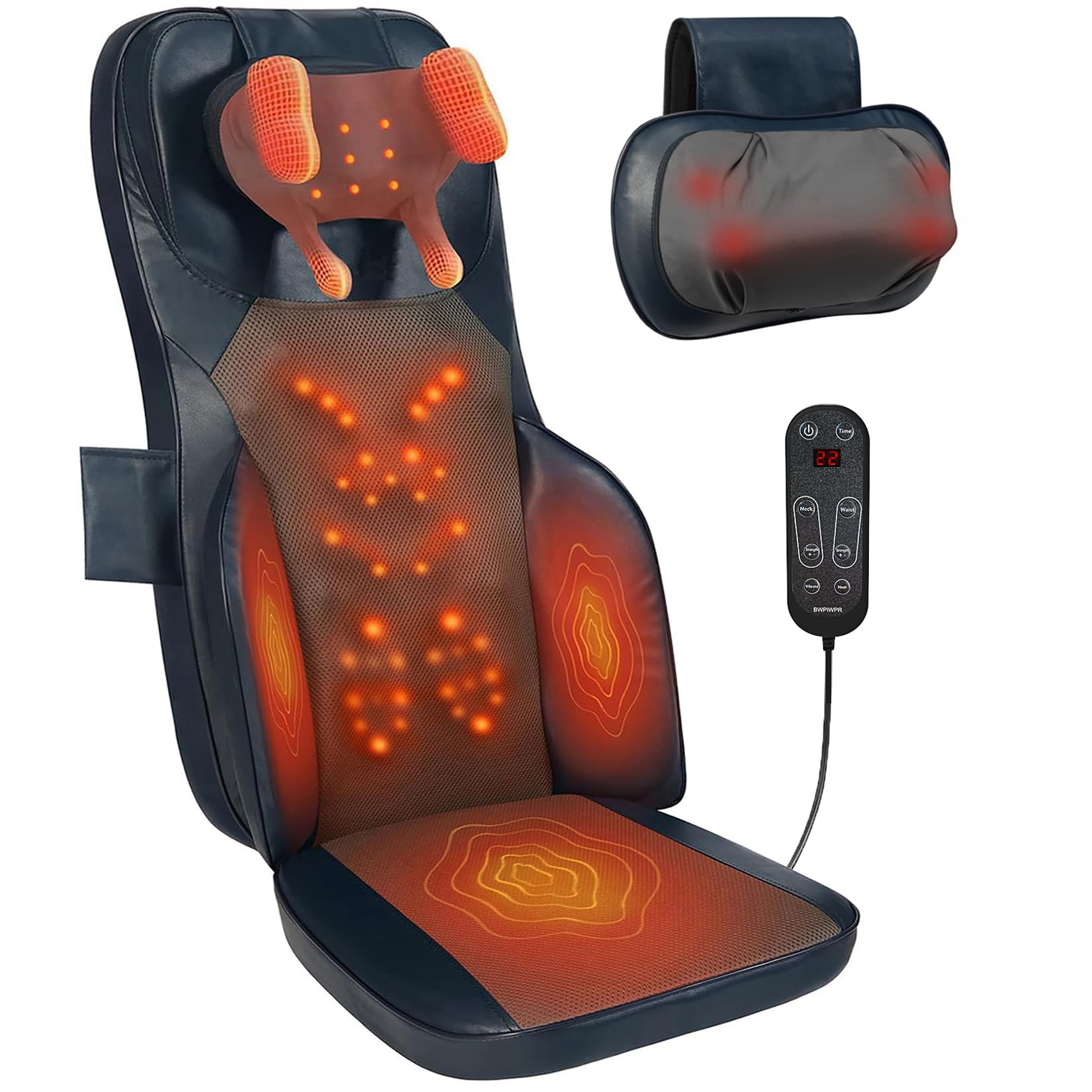 Shiatsu Neck Back Massage Cushion with Heat - 4D Kneading Massager w/Vibration, Dual-Neck Design, Adjustable Intensity/Height, Ease Muscle Tightness from Long Sitting, for Office, Home, Blue