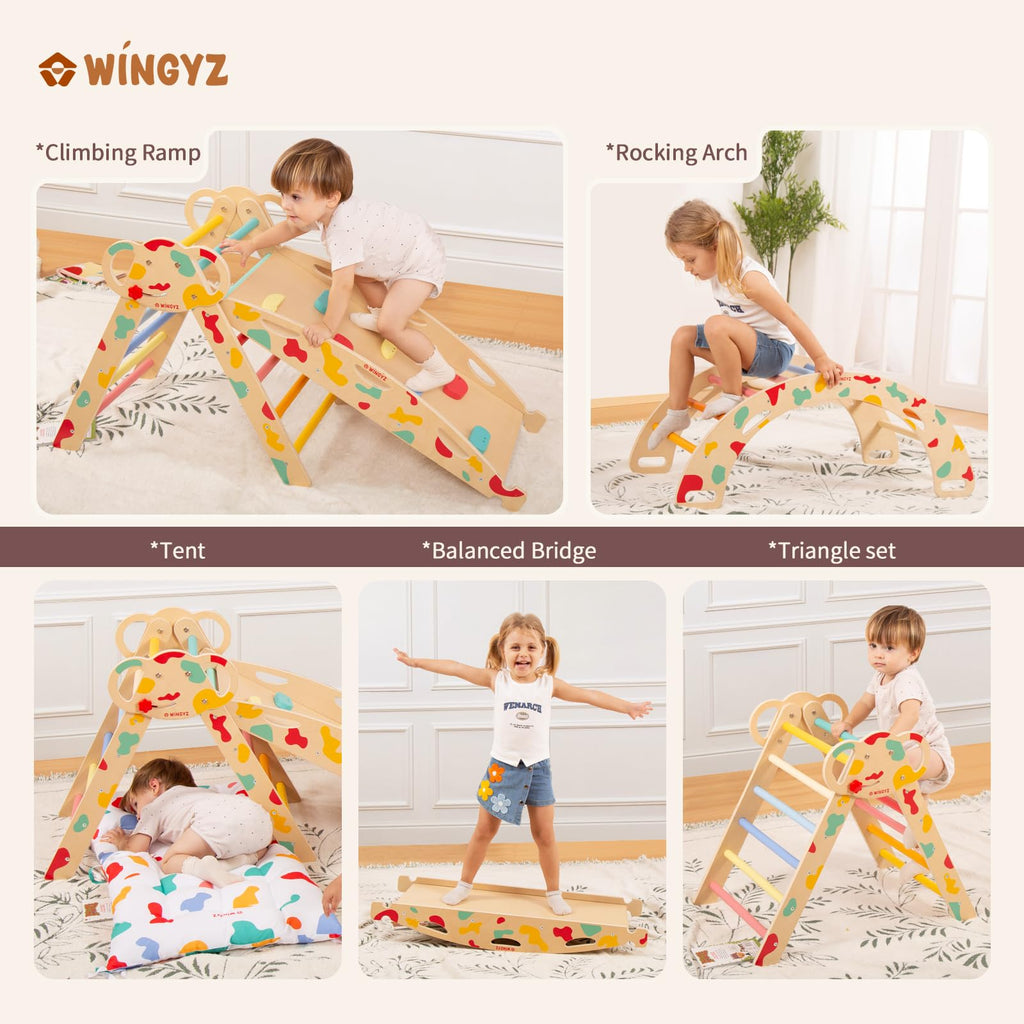 WINGYZ Pikler Triangle Set, Montessori Foldable 8-in-1 Jungle Gym & Reversible Animal Slide, Patent-Protected Climbing Set, Safe 2.35" Gap ASTM F963 Standards for Toddlers 18 Months-5 Years (Rainbow)