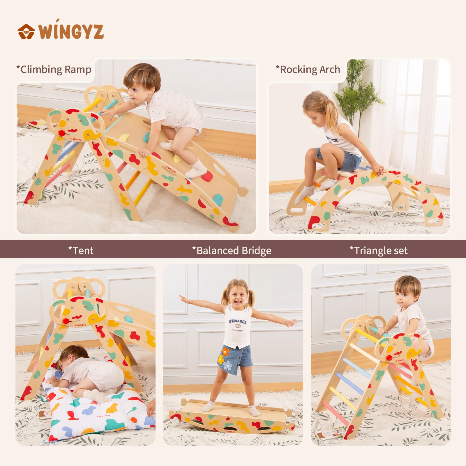 WINGYZ Pikler Triangle Set, Montessori Foldable 8-in-1 Jungle Gym & Reversible Animal Slide, Patent-Protected Climbing Set, Safe 2.35" Gap ASTM F963 Standards for Toddlers 18 Months-5 Years (Rainbow)