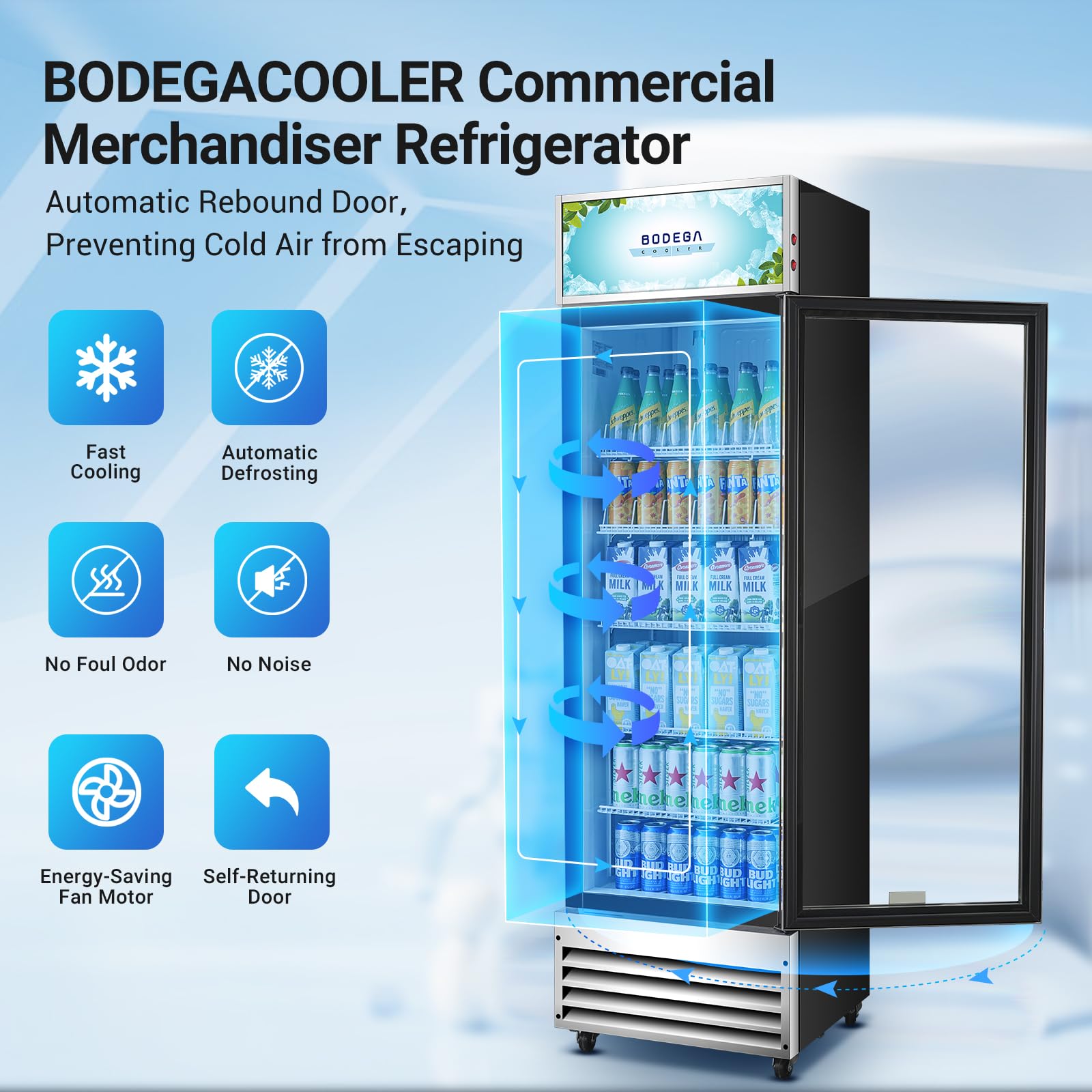 BODEGACOOLER Commercial Merchandiser Refrigerator, 27.02 Cu.Ft Double Glass Door Beverage Cooler, Upright Display Refrigerator with Soft LED Light, Adjustable Shelves, 4 Heavy-Duty Casters, Black