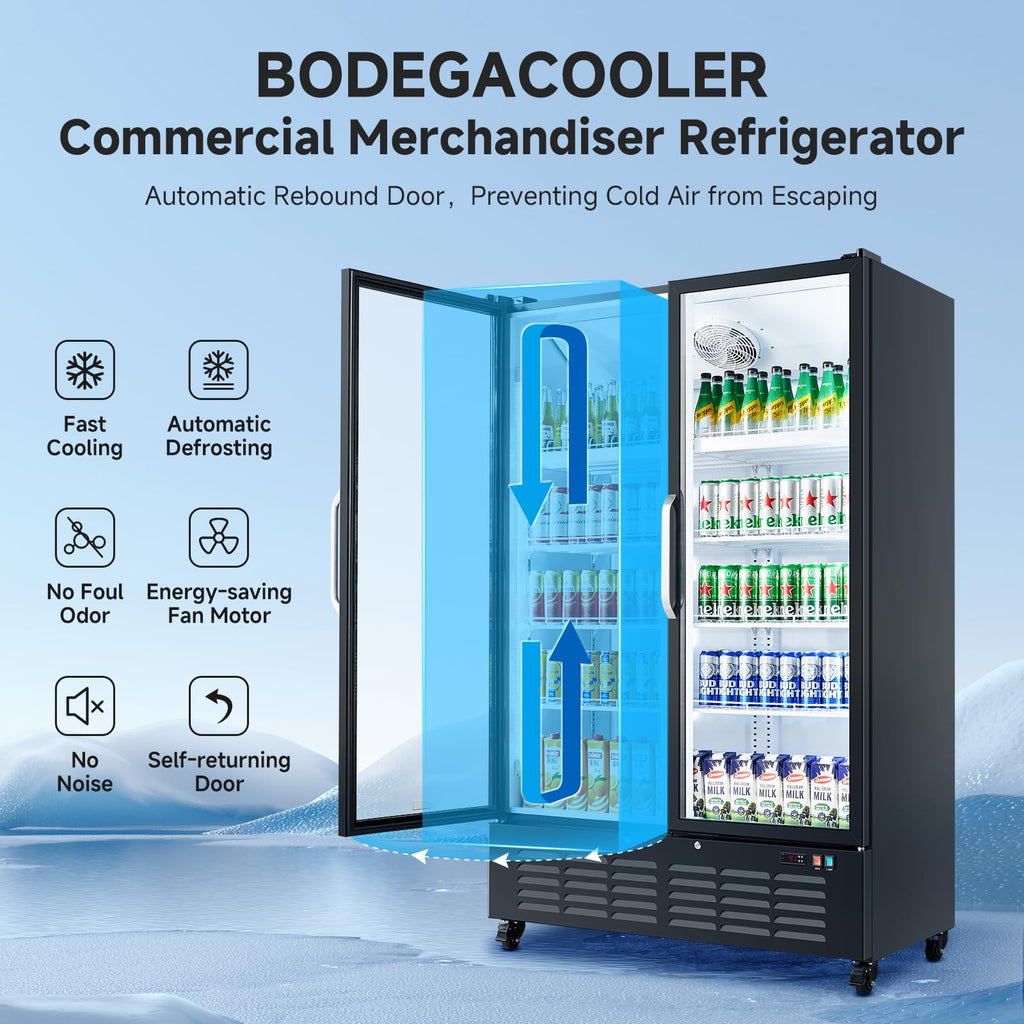 BODEGACOOLER Commercial Merchandiser Refrigerator, 27.02 Cu.Ft Double Glass Door Beverage Cooler, Upright Display Refrigerator with Soft LED Light, Adjustable Shelves, 4 Heavy-Duty Casters, Black