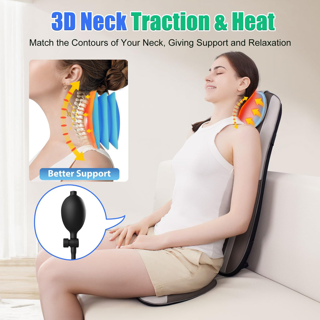 Back Massager with Heat, Full Body Massage Pad with Pillow Neck Support, Soft Plush Fabric Cover, Chair Massager with 3D Lumbar Truction and 8 Vibration Motors, Home Office Use