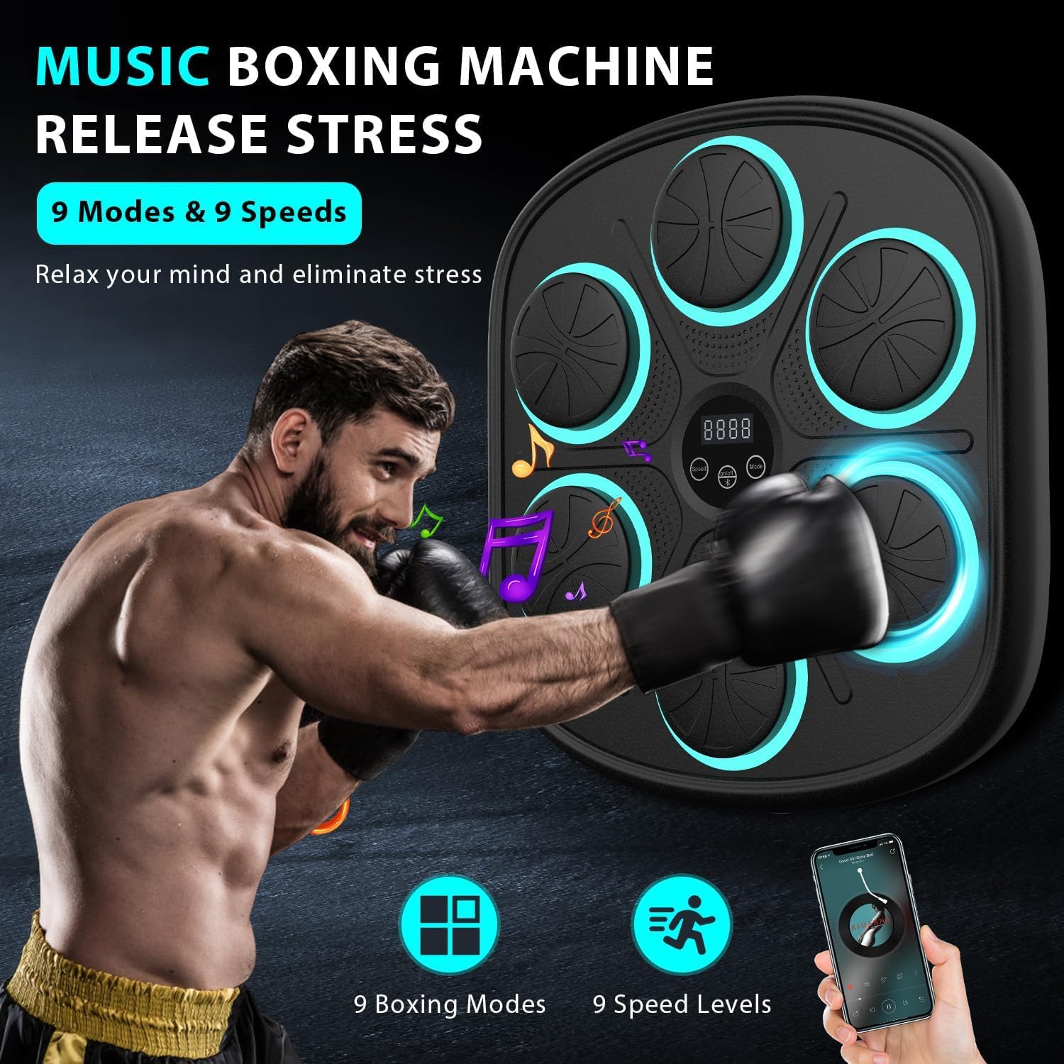 2026 Music Boxing Machine for Adults - Smart Bluetooth 2.0 Wall-Mounted Boxing Machine with Gloves Punching Bag for Home, Office, and Gym, 9 Modes & 9 Speeds
