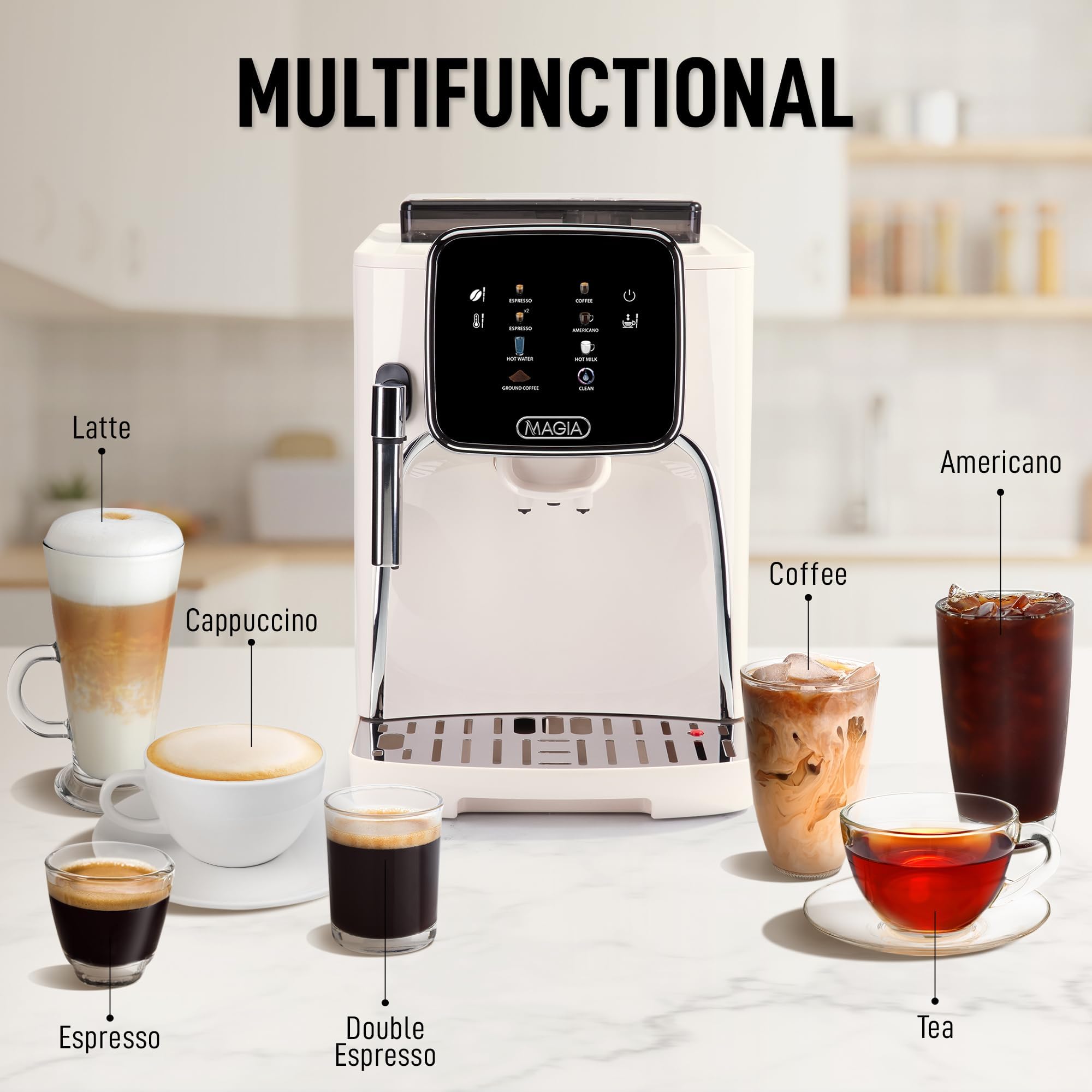 Zulay Magia Super Automatic Espresso Maker Machine with Grinder - 19 Fully Customizable Coffee Options, Auto Cleaning, Milk Foam System - for Latte, Cappuccino - Ultra LUX - White (13.7x17.7x9.4)