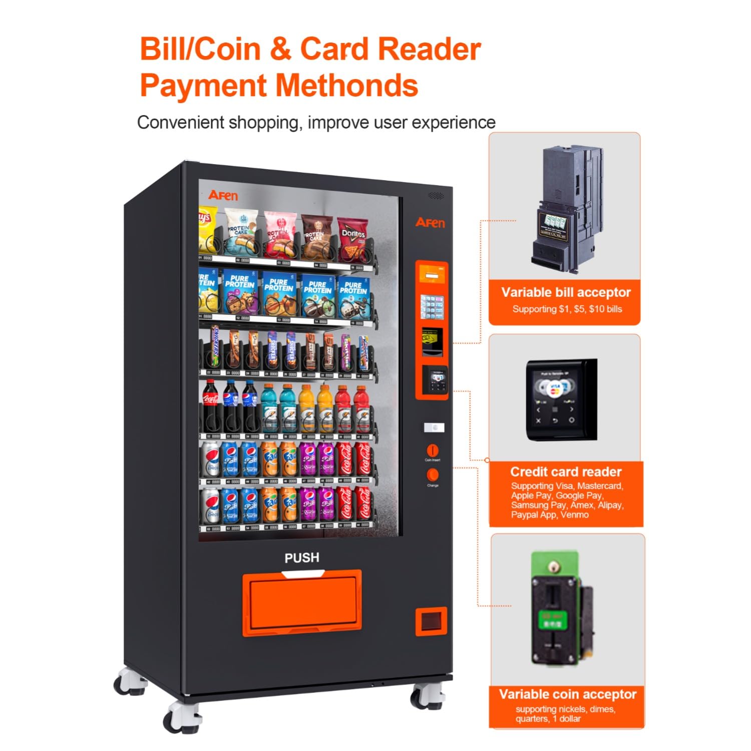 60 Slot Vending Machines for Business, Refrigerated Snack Drink Vending Machine, Commercial Smart Combo Vending Machine with Bill and Coin, Card Reader
