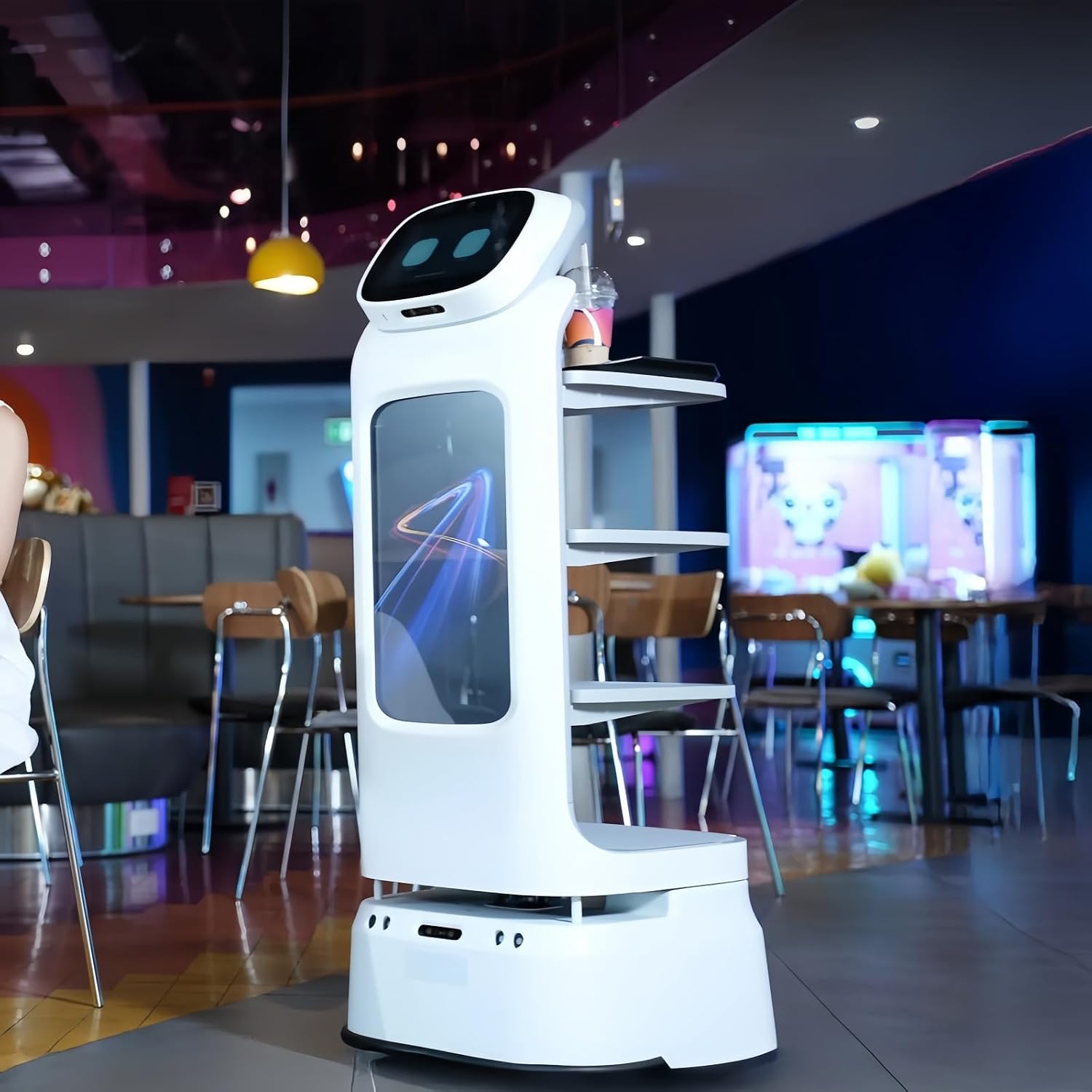 Restaurant Service Robot–Interactive Smart Waiter for Food & Drink Delivery, Autonomous Indoor Navigation, Automatic Obstacle Avoidance, Elevator Control, Self-Charging, Large Tray