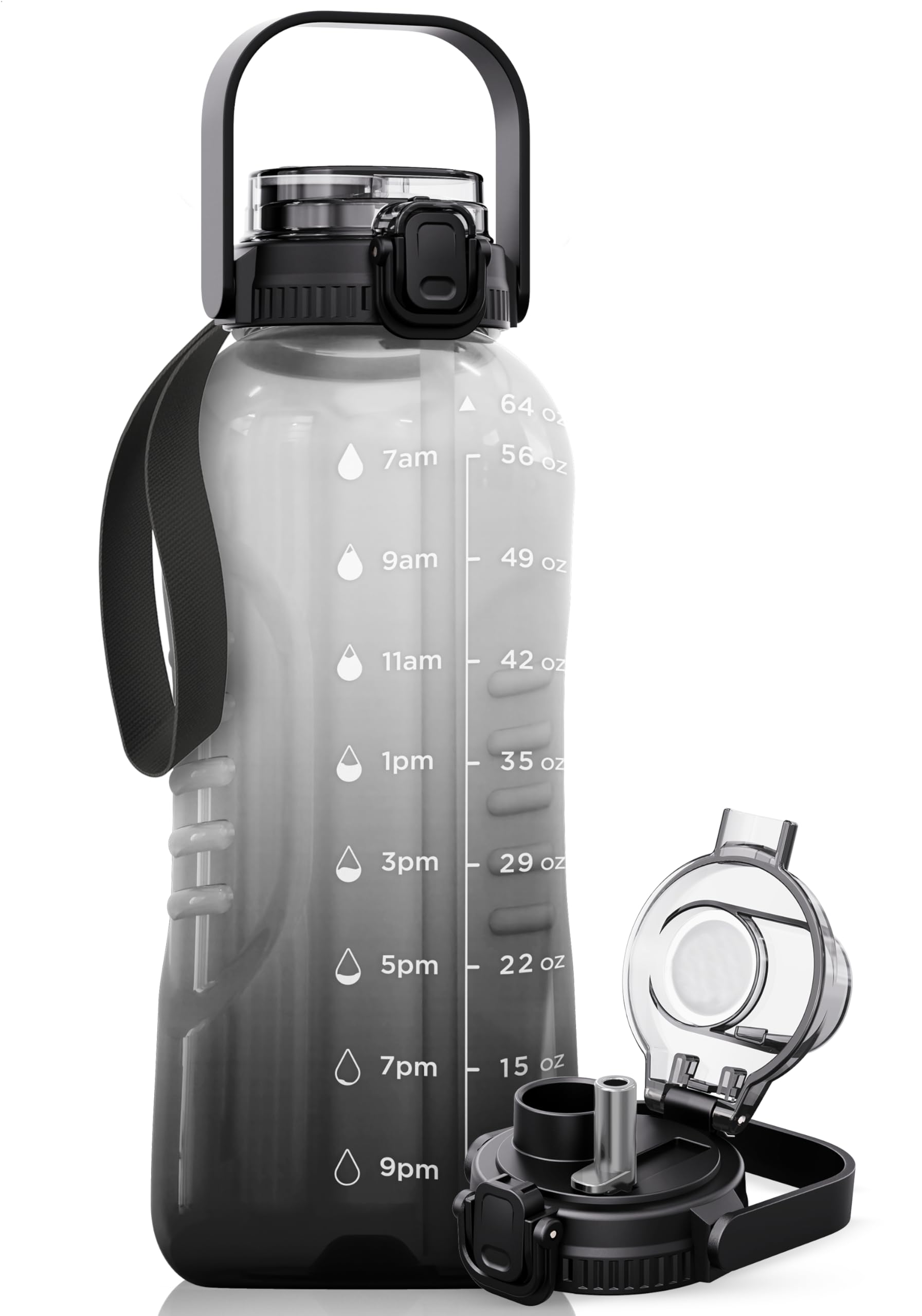 AQUAFIT 64 oz Water Bottle with Time Marker - 2in1 Straw & Chug Lid - BPA Free Big Water Bottle with Straw - Gym Water Bottle with Strap - Water Jug (64 Ounces, Clarity)