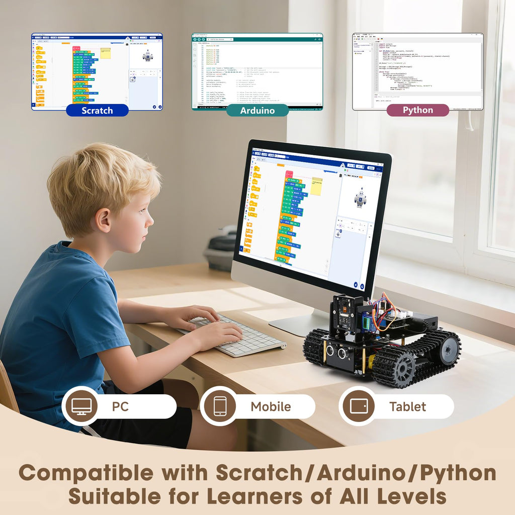 Robotics for Kids Ages 12-16, ACEBOTT 4 in 1 Smart Robot Arm with 5DOF + Tank Car, STEM Toys Coding Kit Compatible with Arduino & Scratch, App & Remote Control, for Kids & Teens