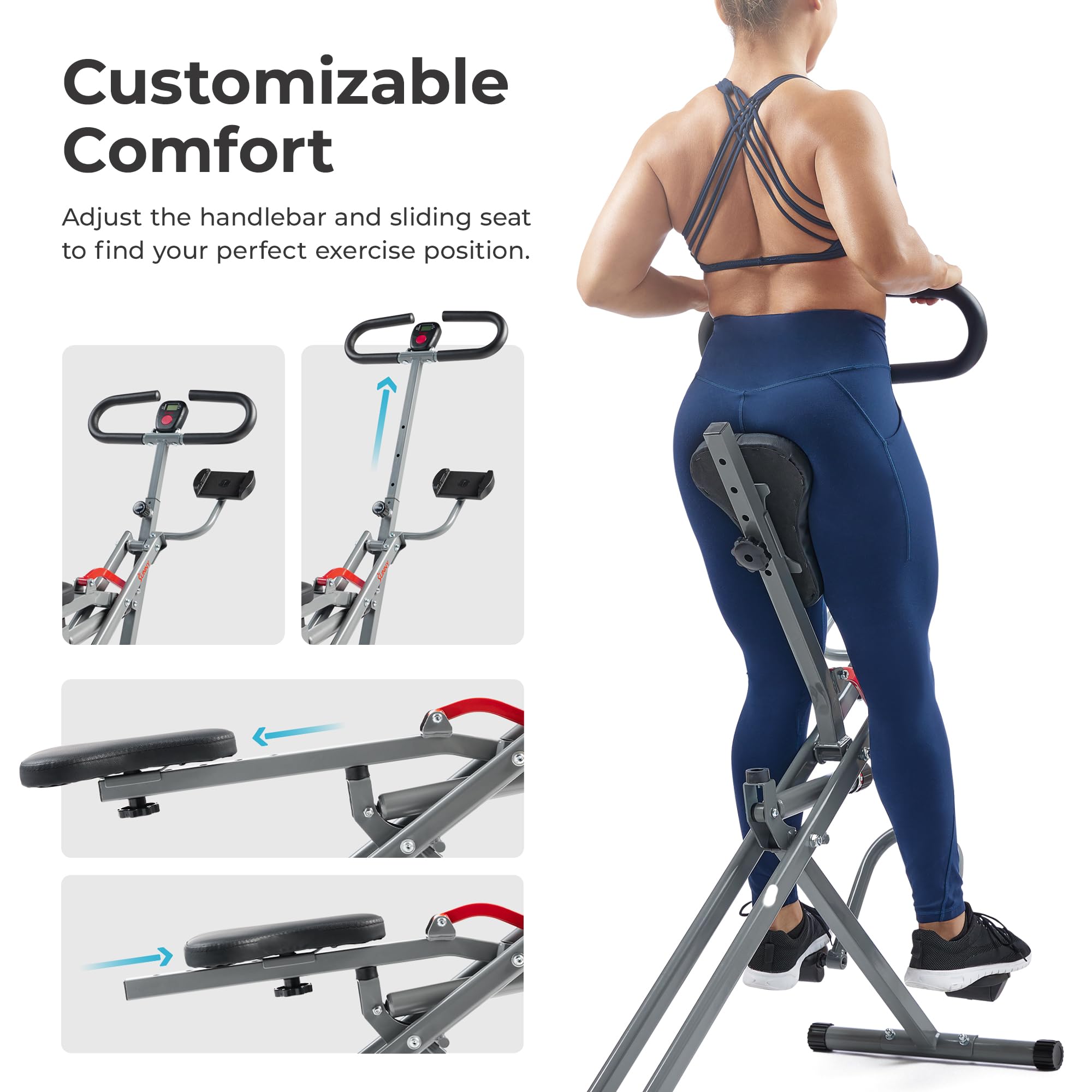 Sunny Health & Fitness Row-N-Ride PRO, Full Body Combo Squat Machine w/Optional Resistance Band, Easy Setup Ab Workout Exercise Equipment for Home, Whole Body Cardio, Optional SunnyFit App Connection