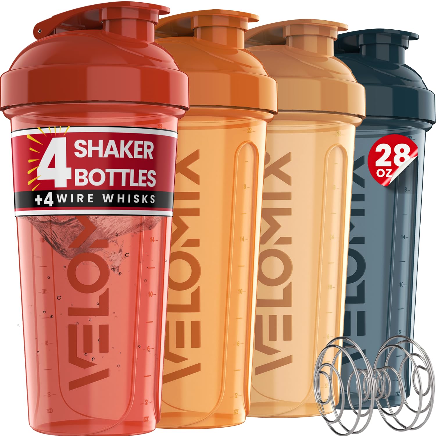 VELOMIX -4 PACK- 28 oz Protein Shaker Bottle for Protein Mixes - 4x Wire Whisk | Leak Proof Shaker Cups for Protein Shakes | Protein Shaker Bottle Pack | Protein Shake Cup (NeoCool Pack)