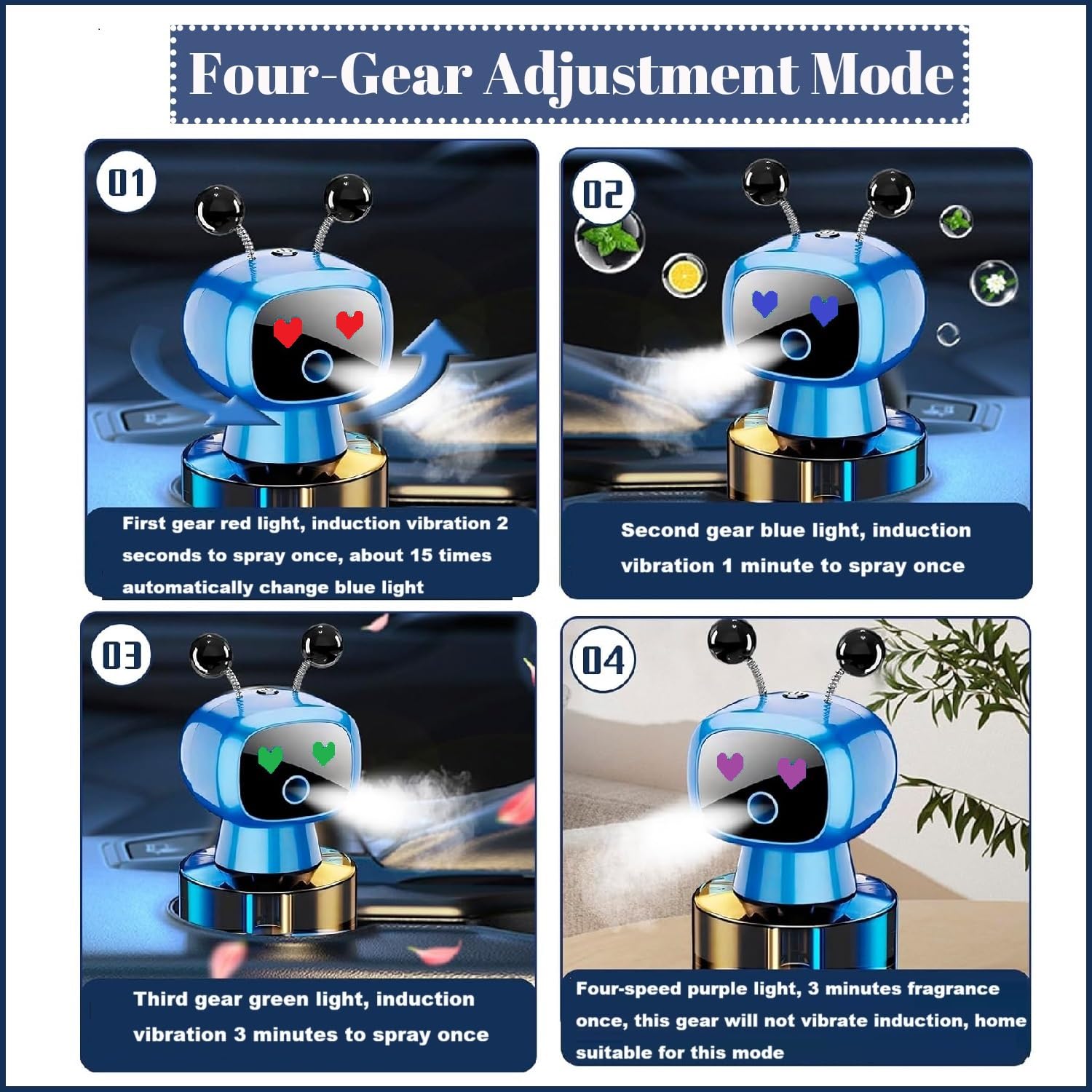 Robot Intelligent Aromatherapy Machine, Smart Cute Robot Car Air Freshener - Fine Spray/Fillable/Four-Gear Adjustment/Vibration Sensing/On-Off/Large Capacity Long-Lasting Fragrance/Black-V2(Cologne)