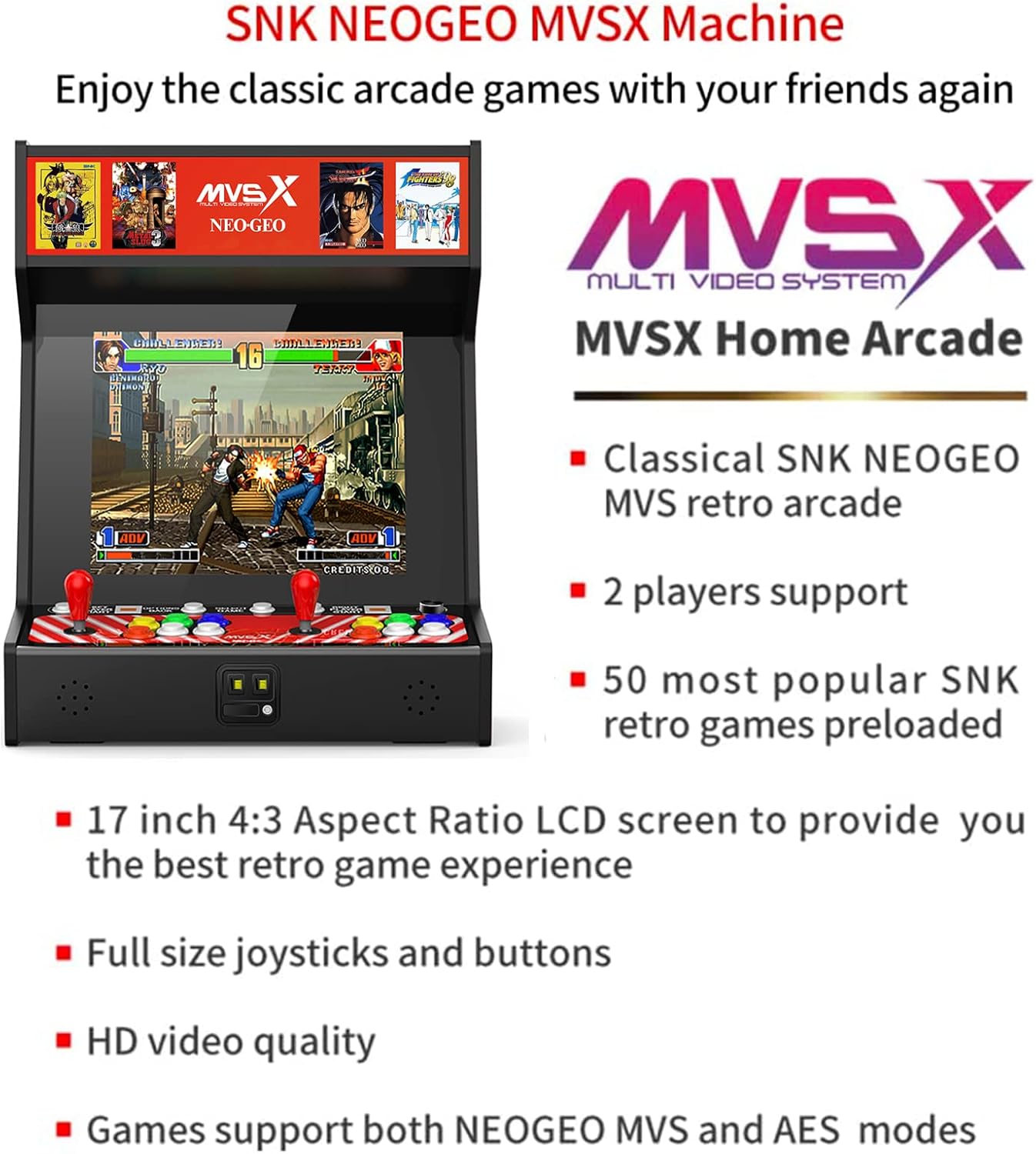 UNICO MVSX Home Arcade with 50 Pre-Loaded SNK Retro Games, 17" Screen Home Entertainment Arcade with 2 Joysticks, Including The King of Fighters/Samurai/Metal Slug and More