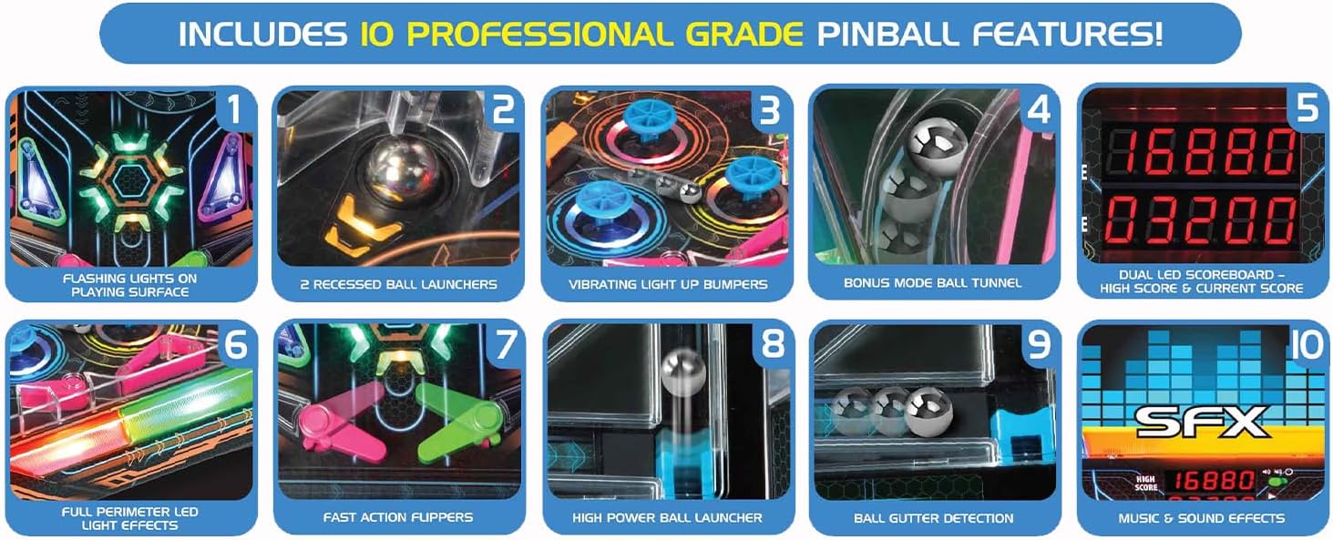 Merchant Ambassador Electronic Arcade Pro Pinball - Light & Sound Tabletop Game, Dual LED Scoreboard, 10 Professional-Grade Features, Adults Kids Age 6+