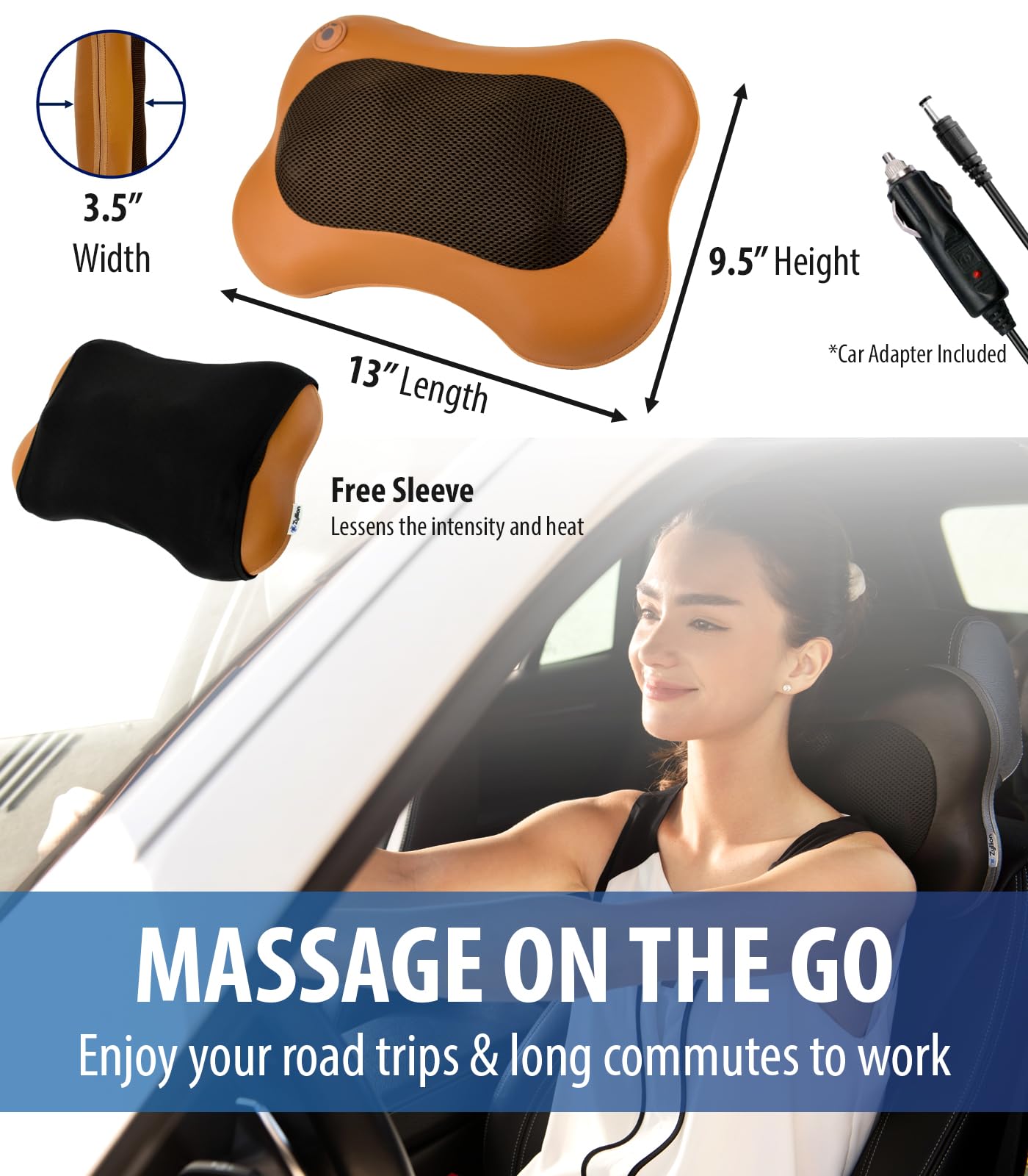 Zyllion Shiatsu Back and Neck Massager with Heat - 3D Electric Kneading Deep Tissue Massage Pillow for Muscle Pain Relief, Black, ZMA-13