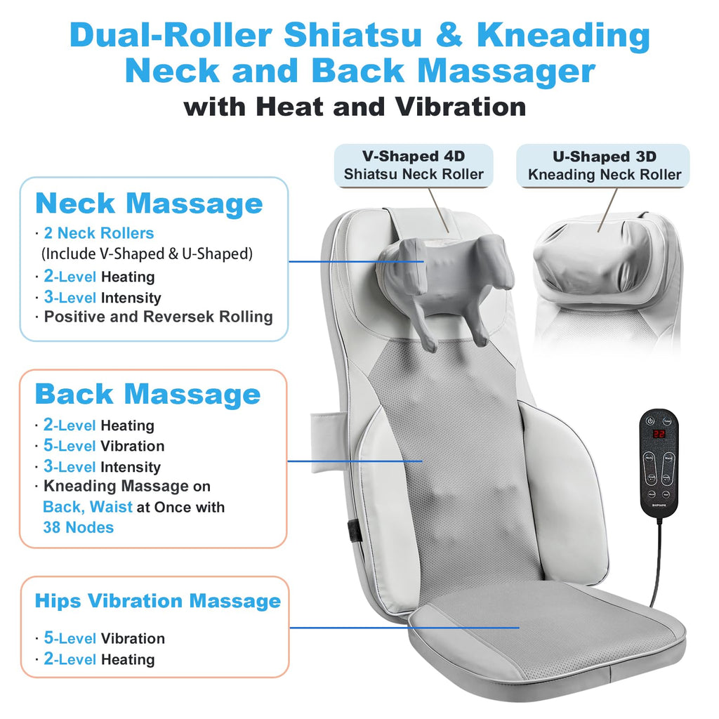 Shiatsu Neck Back Massage Cushion with Heat - 4D Kneading Massager w/Vibration, Dual-Neck Design, Adjustable Intensity/Height, Ease Muscle Tightness from Long Sitting, for Office, Home, Blue
