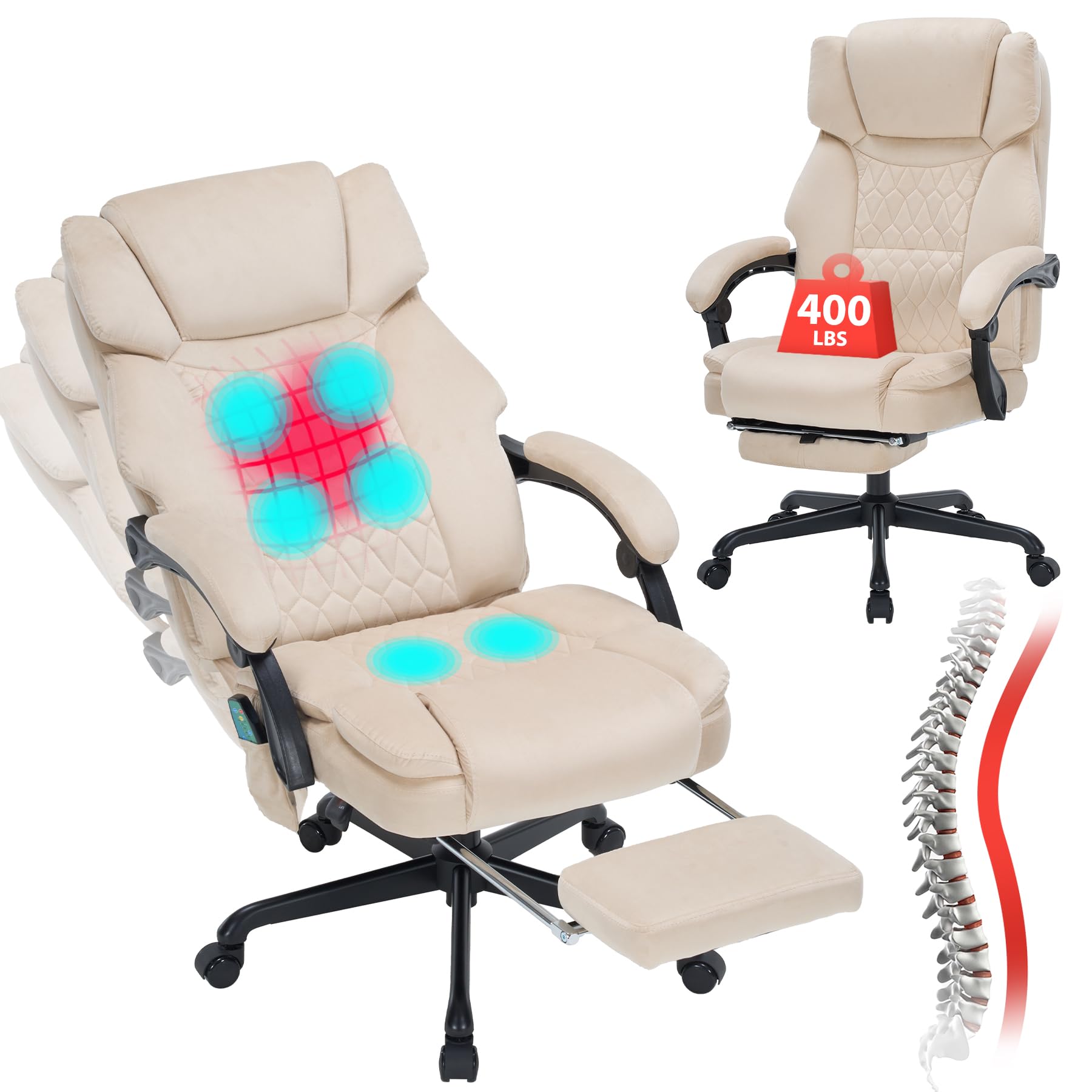 Massage Office Chair with Foot Rest 6 Points Vibration and Heat Home Office Desk Chairs for Heavy People 400lbs Reclining Managerial Chairs Ergonomic Executive Chair (Black)