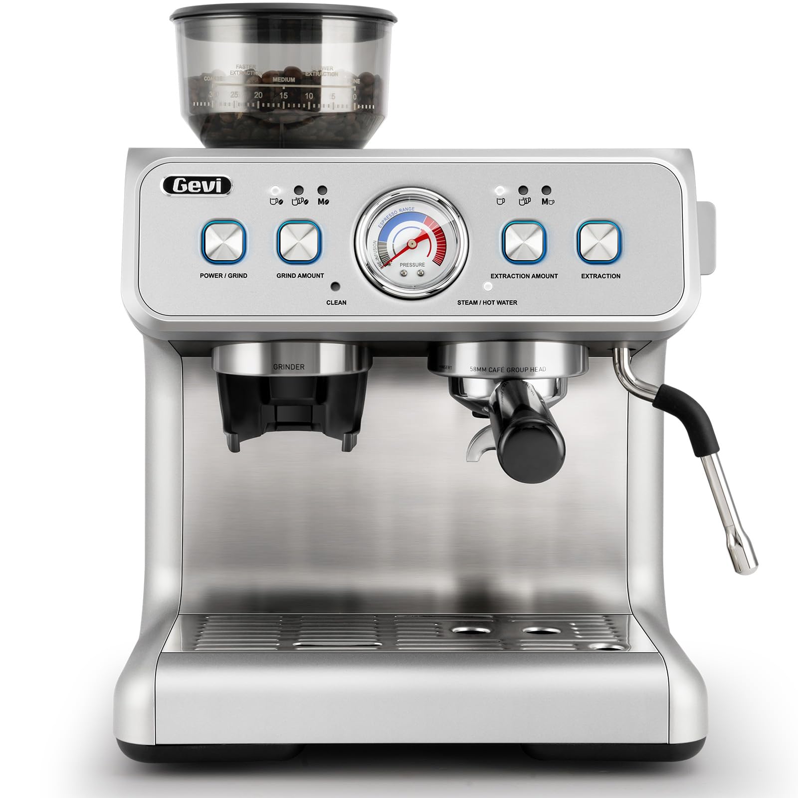 Gevi 20 Bar Espresso Machine with Built-in Grinder & Milk Frother | Professional Coffee Maker for Home | Cappuccino, Latte, 2.3L Removable Water Tank, Stainless Steel Steam Wand