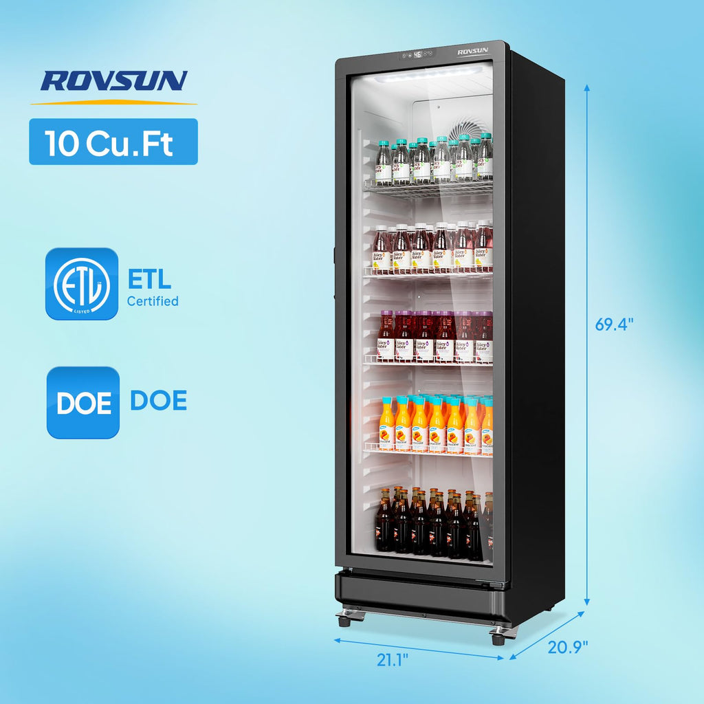 ROVSUN 8 Cu.Ft Commercial Refrigerator Display Refrigerator ETL NSF Certified, Slim Commercial Beverage Cooler Glass Door Merchandiser Drink Fridge w/Adjustable Shelves LED Light for Bar Restaurant