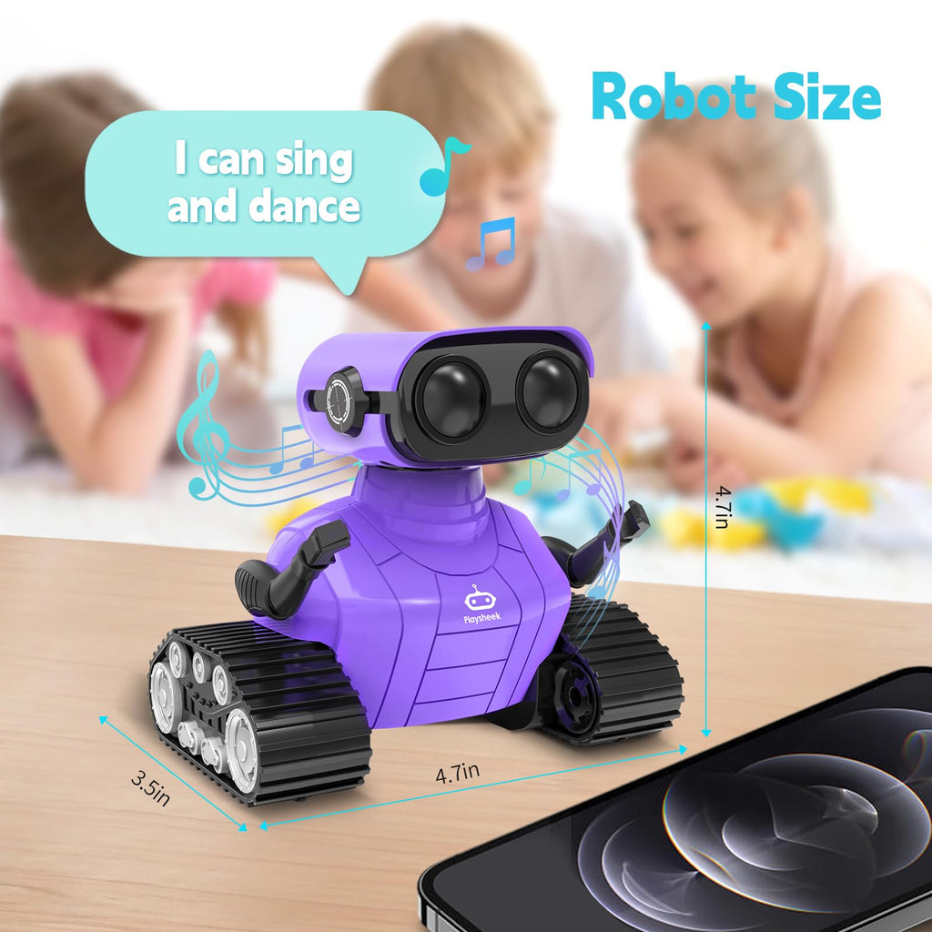 Playsheek Rechargeable Emo Robot with Auto-Demonstration - Remote Control Smart Robot Toy Gift for Kids Age 3+ - Purple