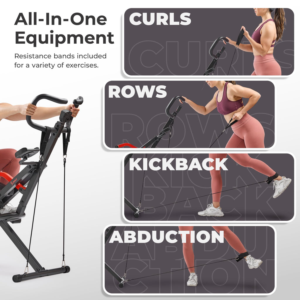 Sunny Health & Fitness Row-N-Ride PRO, Full Body Combo Squat Machine w/Optional Resistance Band, Easy Setup Ab Workout Exercise Equipment for Home, Whole Body Cardio, Optional SunnyFit App Connection