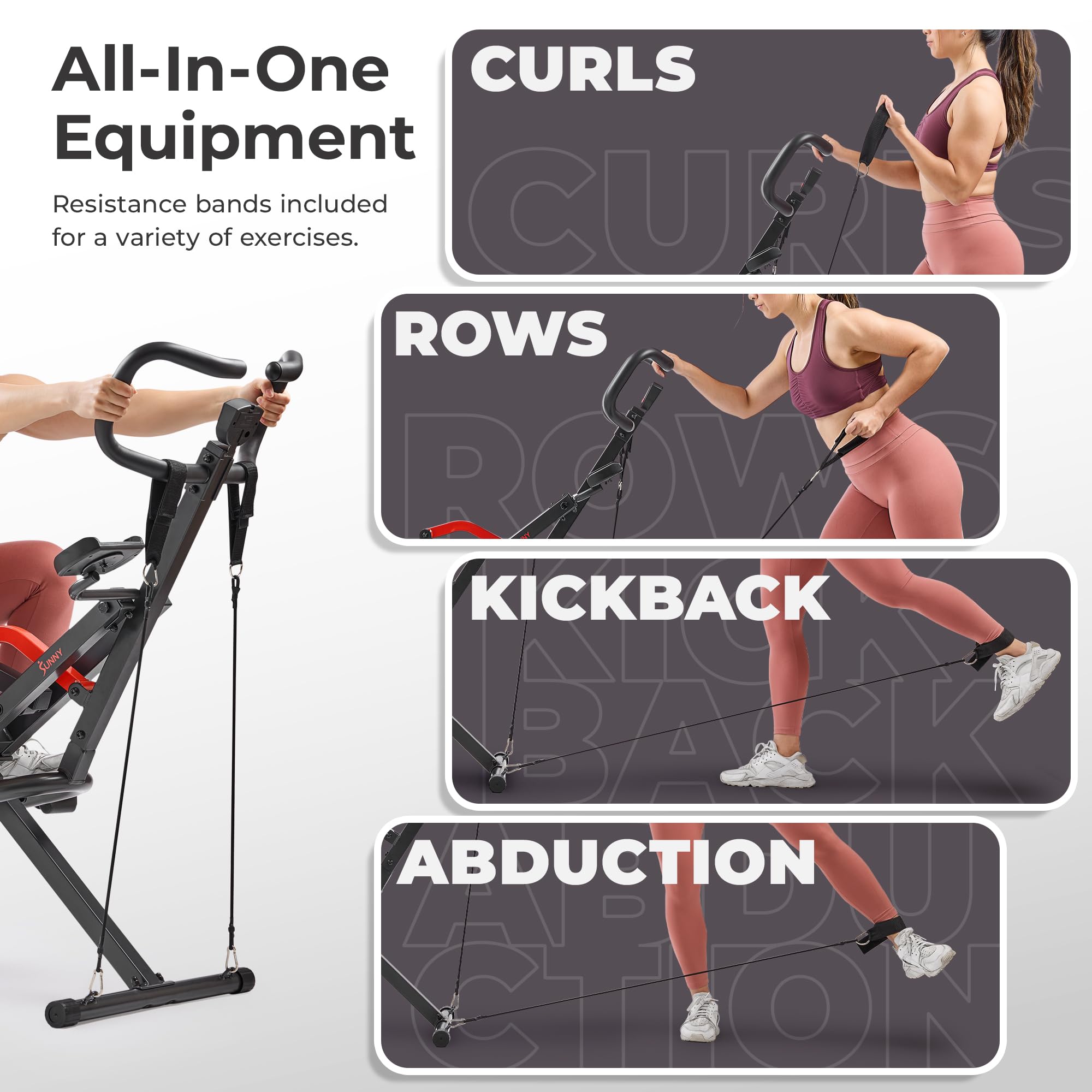 Sunny Health & Fitness Row-N-Ride PRO, Full Body Combo Squat Machine w/Optional Resistance Band, Easy Setup Ab Workout Exercise Equipment for Home, Whole Body Cardio, Optional SunnyFit App Connection