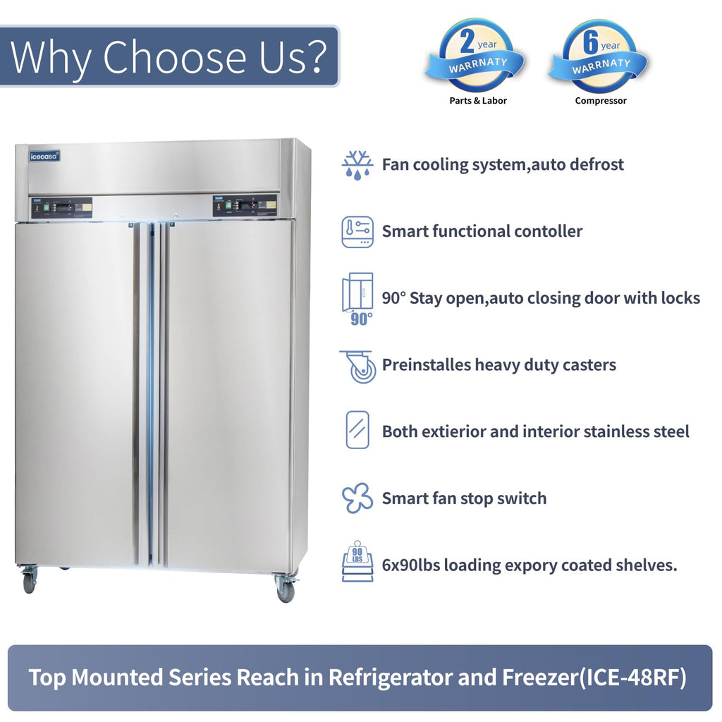 ICECASA 48" W Commercial Refrigerator Reach-in 36 Cu.ft 2 Solid Door Stainless Steel Commercial Refrigerator Fan Cooling for Restuarant, Bar, Shop, etc