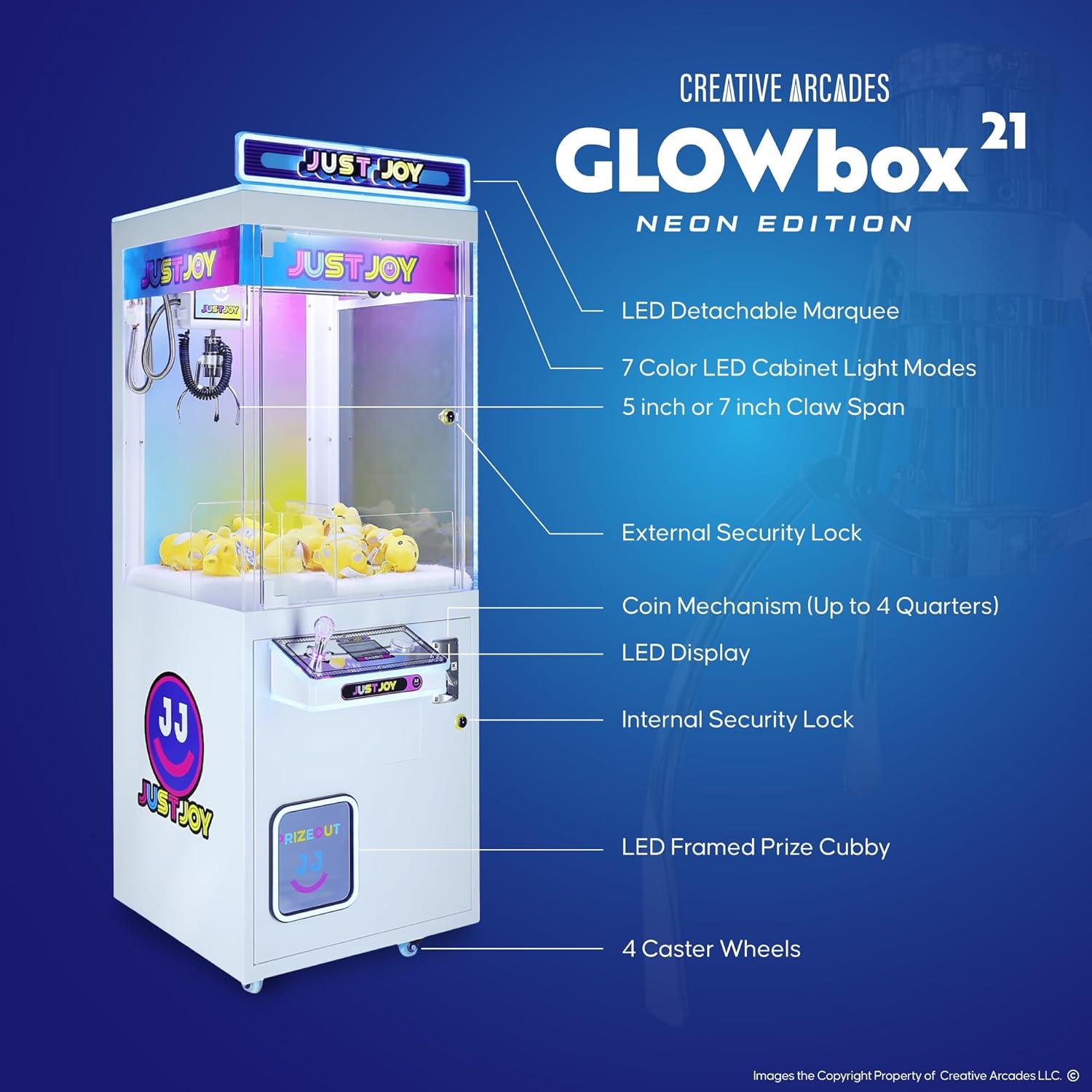 Glow Box 21": Full-Size Commercial Grade Claw Machine - Neon Lights and Light up Marquee - 21" x 60" H, Adult Size Crane Game - Great for Corporate Events, Businesses, Parties, etc.