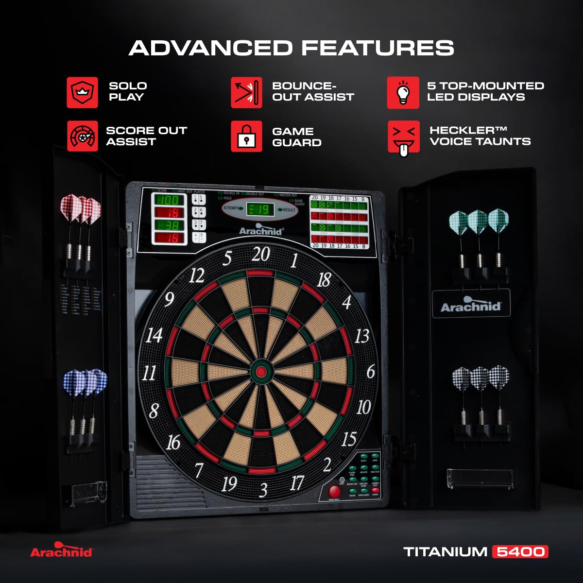 Arachnid Titanium 5400: 13.5” Target with Integrated Cabinet. Offers 38 Games, 316 Variations, Color LED Scoring, and Solo Play. Includes Double in/Out Modes for Competitive Game Room Fun.