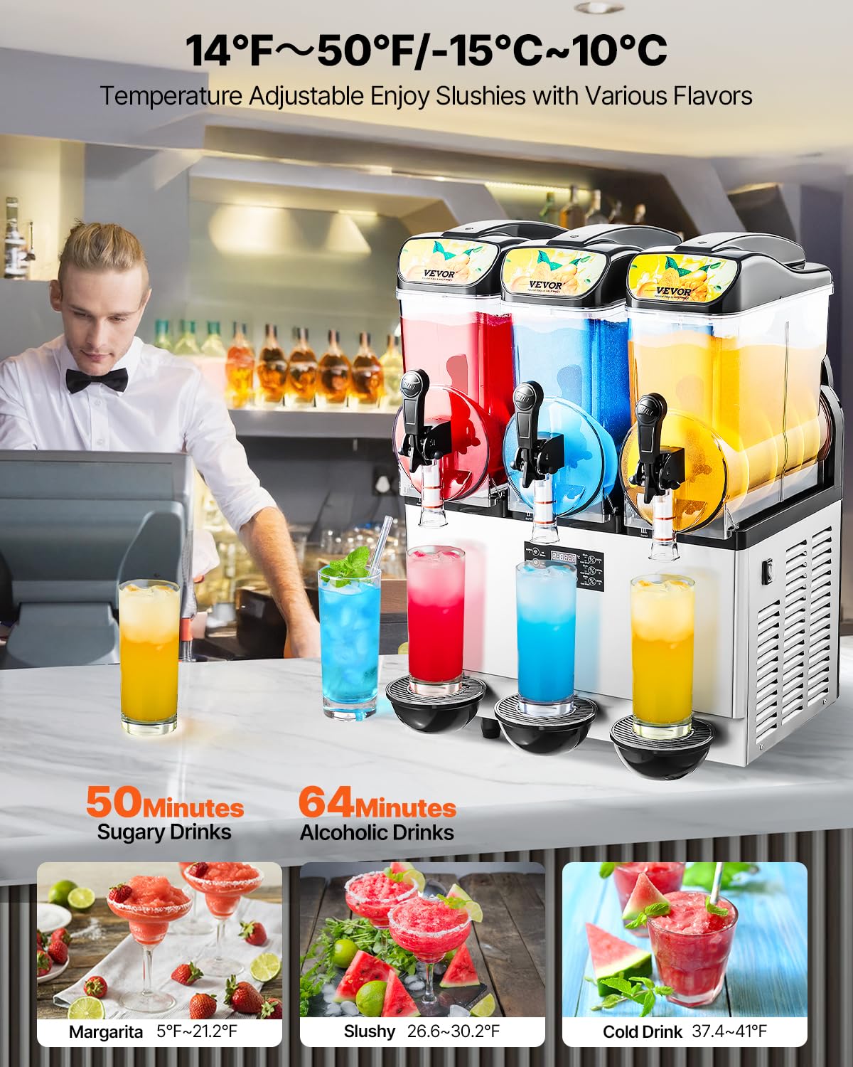 VEVOR Slushie Machine, 15L Single Tank Commercial Margarita Machine, 60 Cups Stainless Steel Margarita Smoothie Frozen Drink Machine, Slushy Machine for Home Party Restaurants Cafe Bars