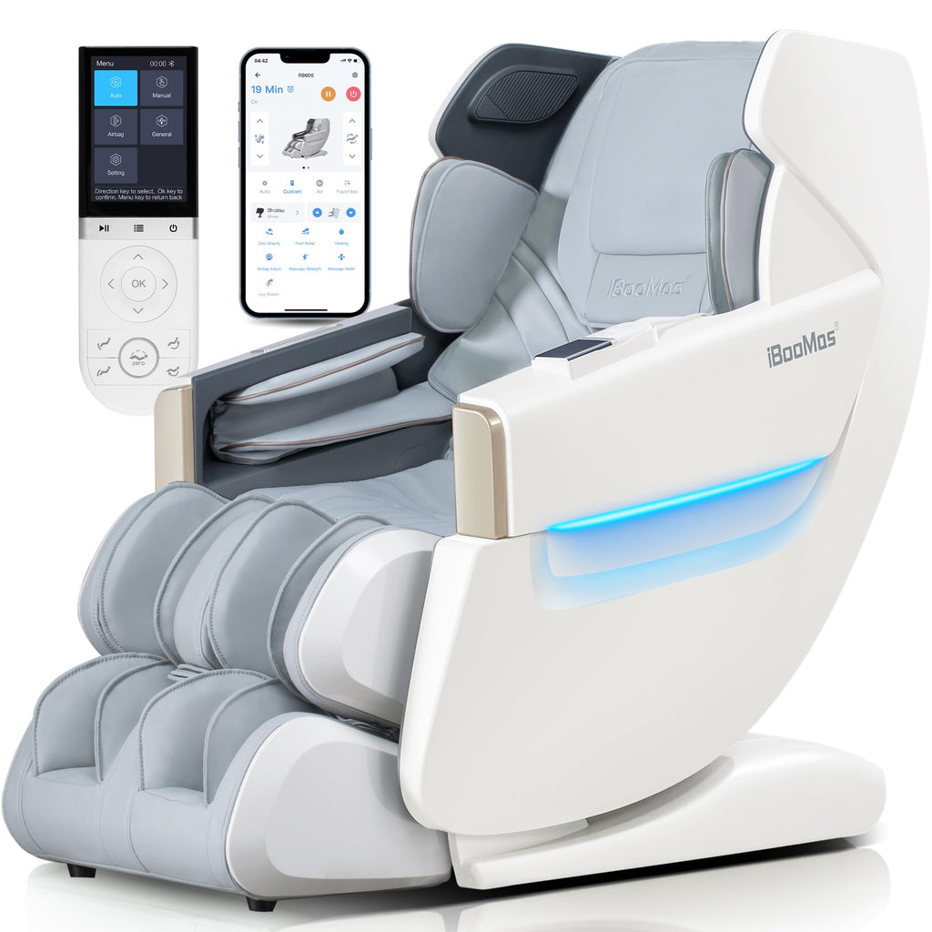 iBooMas Massage Chair Full Body, Body Scan Zero Gravity Massage Chair Recliner with 54in SL-Track, Ajustable 18 Modes, Auto Extending Footrest, Foot Massage, App, AI Voice, Airbags, Heat(White+Grey)
