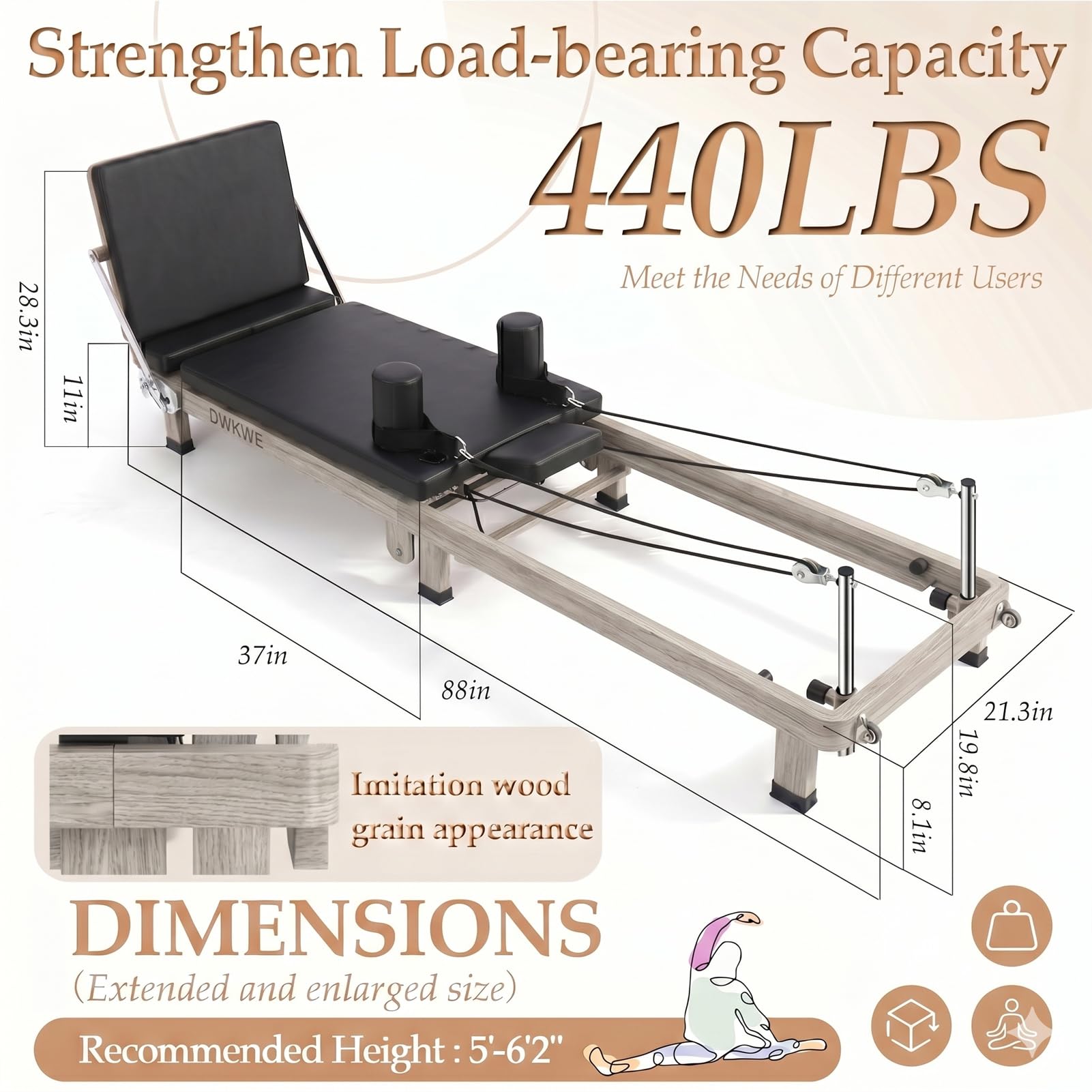 Foldable Pilates Reformer Machine – 88" Long Imitation Wood Frame with Jumpboard & Box Included, Dual Resistance System (Springs + Latex Tubes) for Full Body Workout, Home Gym Equipment for Women Men