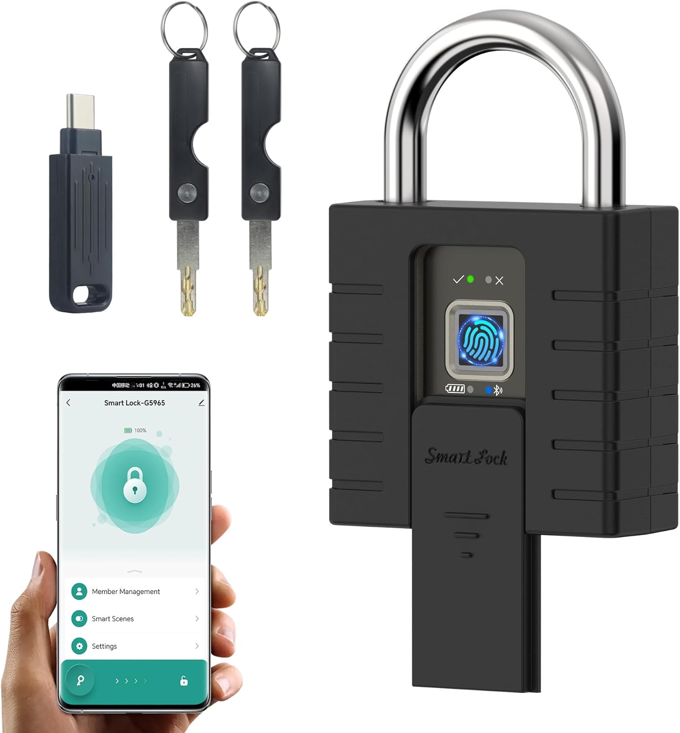 Smart Padlock with Keys, Heavy Duty Fingerprint Padlock, Remote Authorization via Phone, with Rest Key and 2 Keys,Waterproof Padlocks for School Locker,Truck,Warehouse,Gate,Office,Door