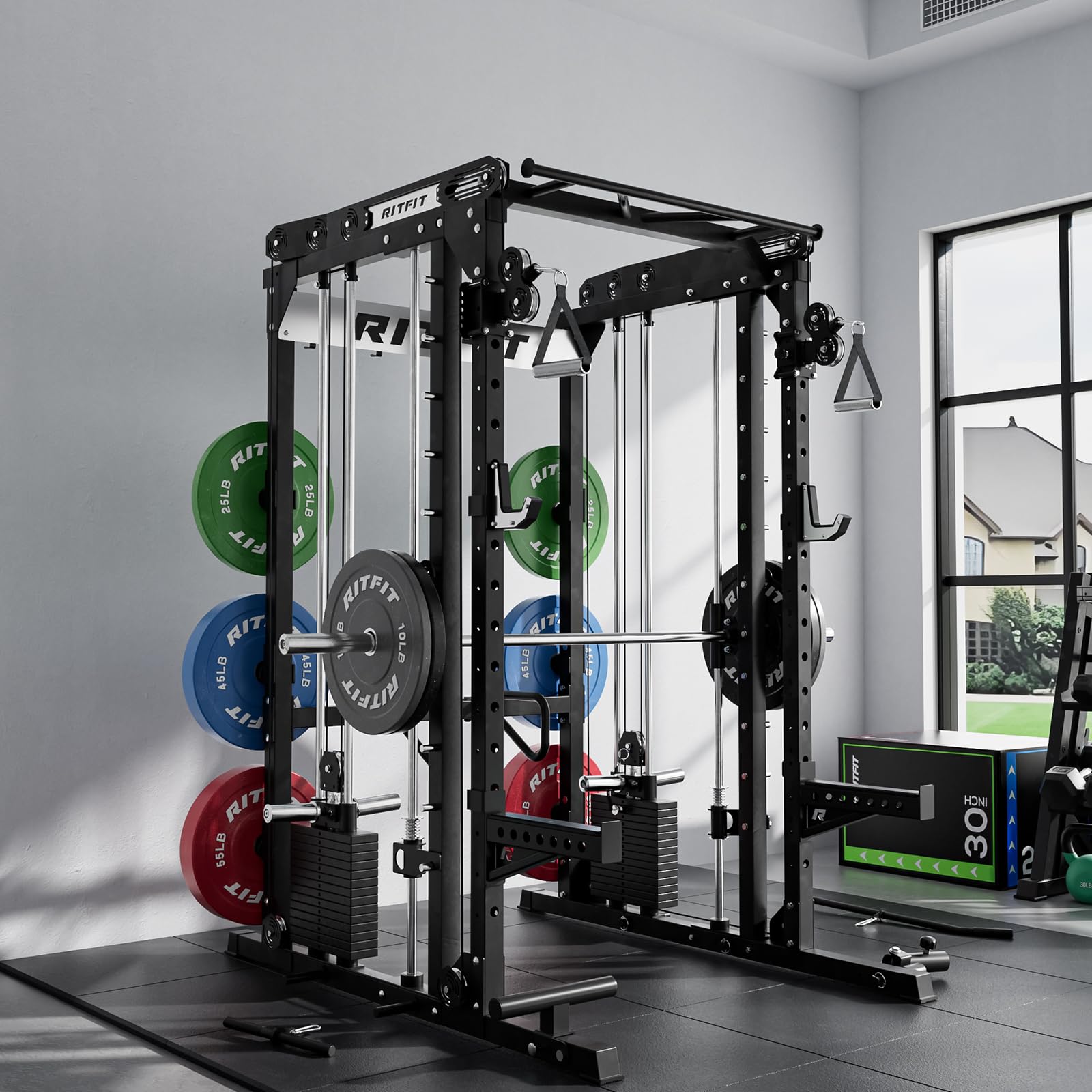 RitFit M2 3D Smith Machine & 286.6LB Built-in Weight Stack with Cable Crossover System, All in One Functional Trainer & Power Cage, 16 Adjustment Holes, 6 Storage Pegs for Full-Body Home Gym