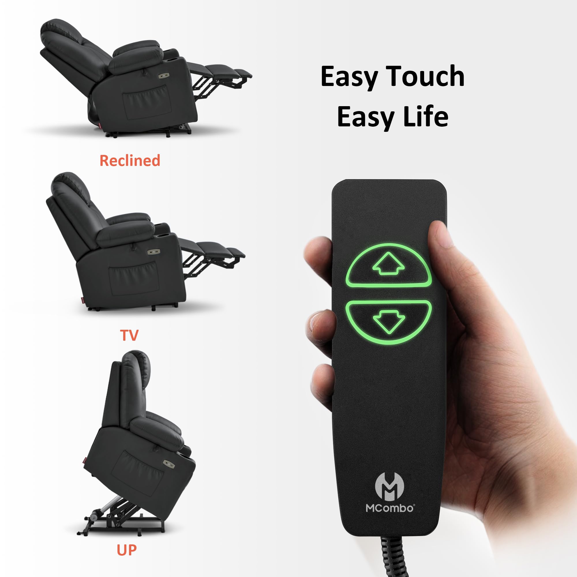 MCombo Electric Power Lift Recliner Chair Sofa with Massage and Heat for Elderly, 3 Positions, 2 Side Pockets, and Cup Holders, USB Ports, Faux Leather 7040 (Grey, Medium)