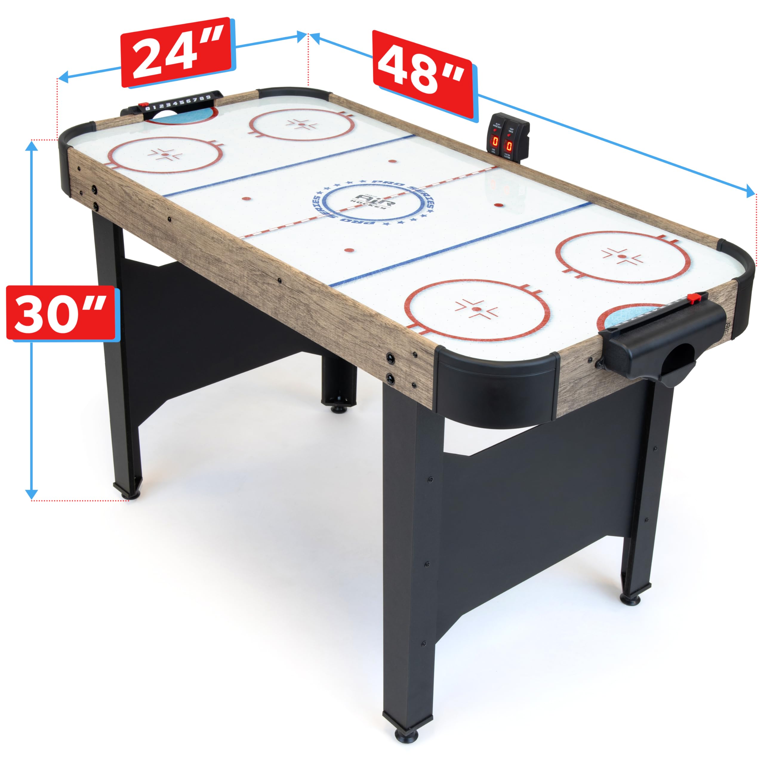 GoSports 48 Inch Air Hockey Arcade Table - Oak or Black - Includes 2 Pushers, 3 Pucks, AC Motor, and LED Scoreboard